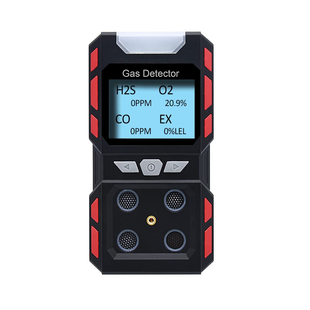 Portable 4-Gas Detector with Sound, Light & Vibration Alarms - Rechargeable Multi-Gas Monitor with LCD Backlight for Industrial Safety | Workplace, Confined Space & Hazardous Area Gas Detection