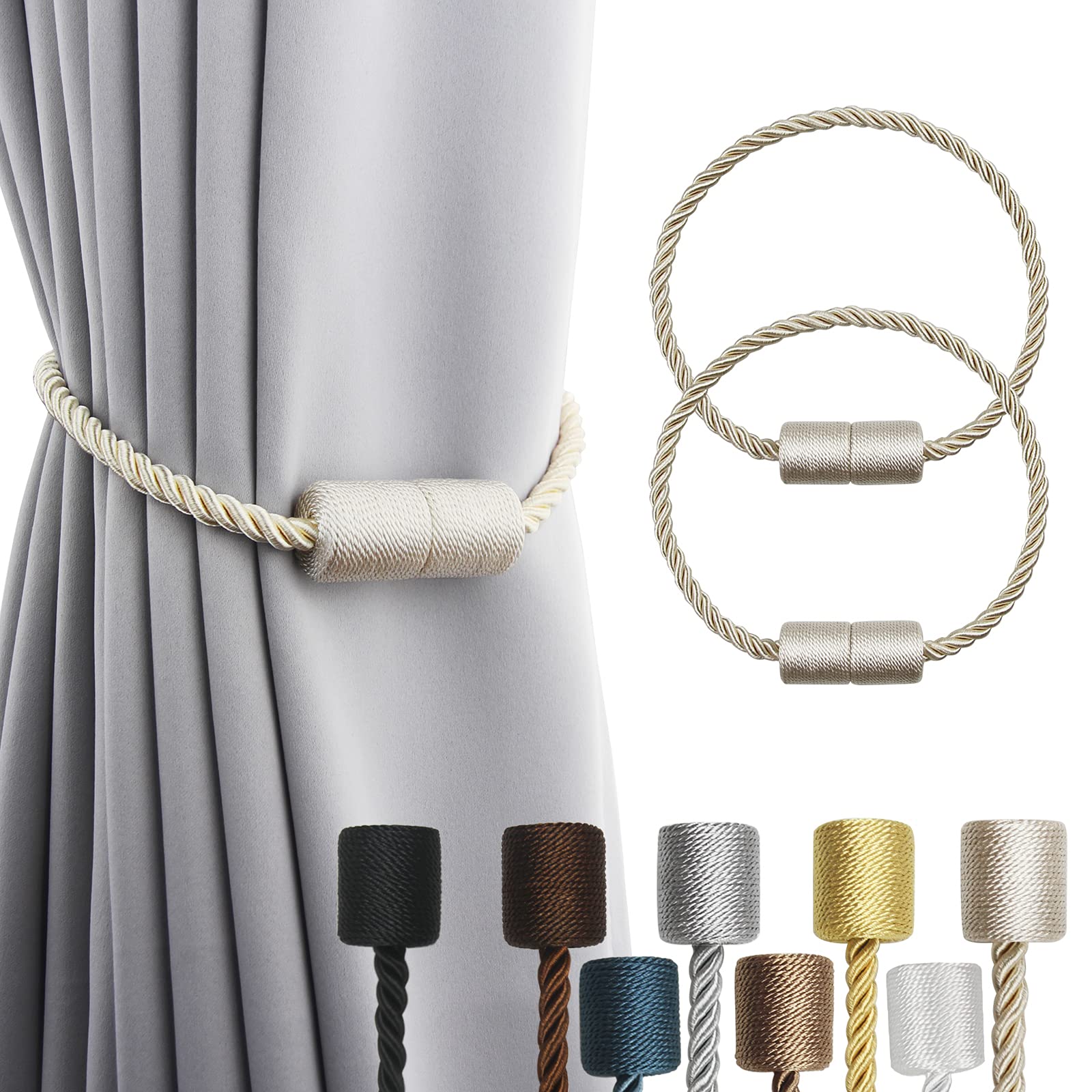 Porlau 2 Pack Heavy Duty Magnetic Curtain Tiebacks - Outdoor Elegant Decorative Window Drapery Holdbacks - Modern Rope Style for Drapes & Curtains (Beige) - Perfect for Living Room, Bedroom & Patio Decor