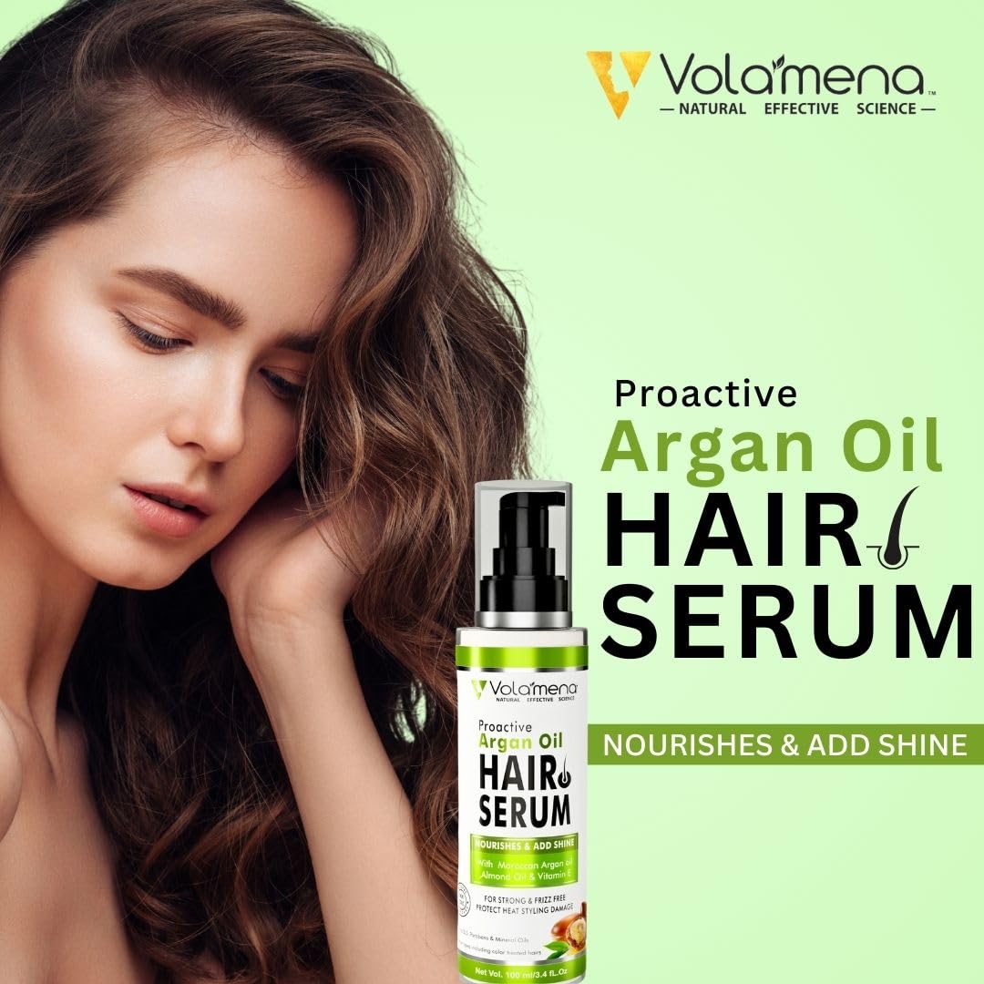 Volamena Proactive Argan Oil Hair Serum with Moroccan Argan Oil - 100ml for Dry & Damaged Hair - Men & Women - Nourishing Treatment for Frizz Control & Shine - Perfect for Daily Hair Care & Styling