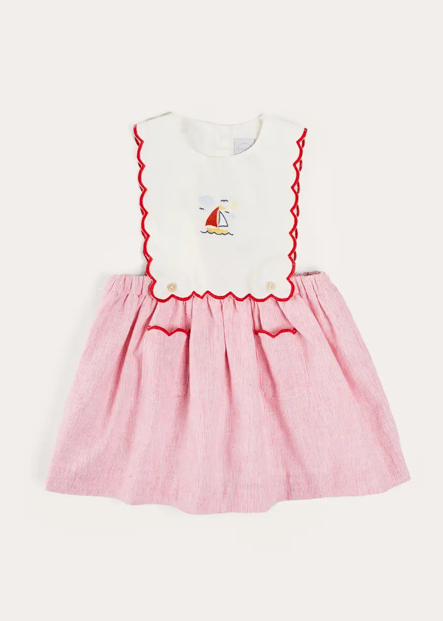 Lawrence Striped Boat Embroidered Scallop Detail Pinafore Skirt for Girls - Red (18 Months to 4 Years) | Perfect for Summer Outfits, Photoshoots & Special Occasions
