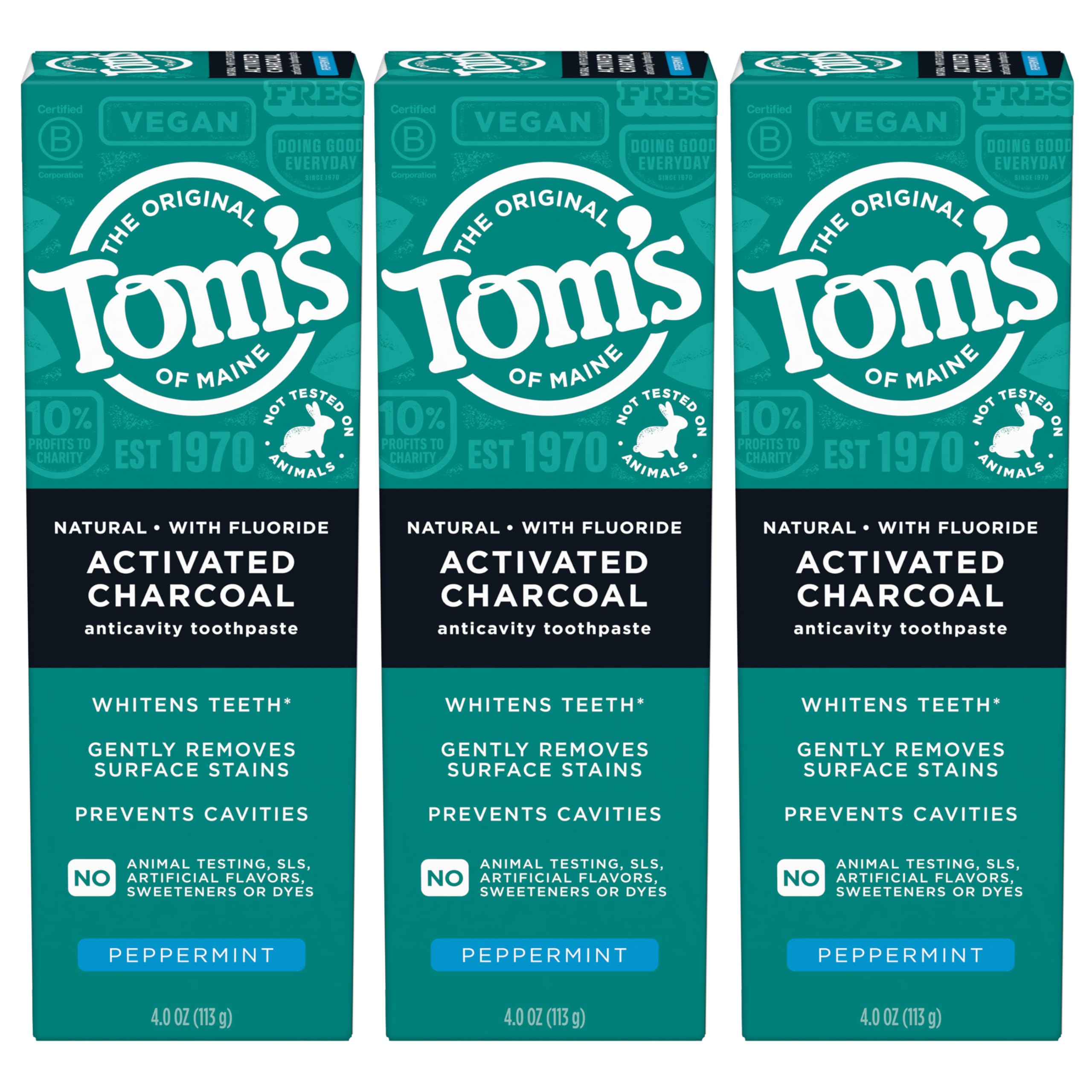 Tom's of Maine Activated Charcoal Whitening Toothpaste with Fluoride, Natural Peppermint Flavor, 4.7 oz (3-Pack) - Deep Stain Removal & Fresh Breath for Daily Oral Care (Packaging May Vary)