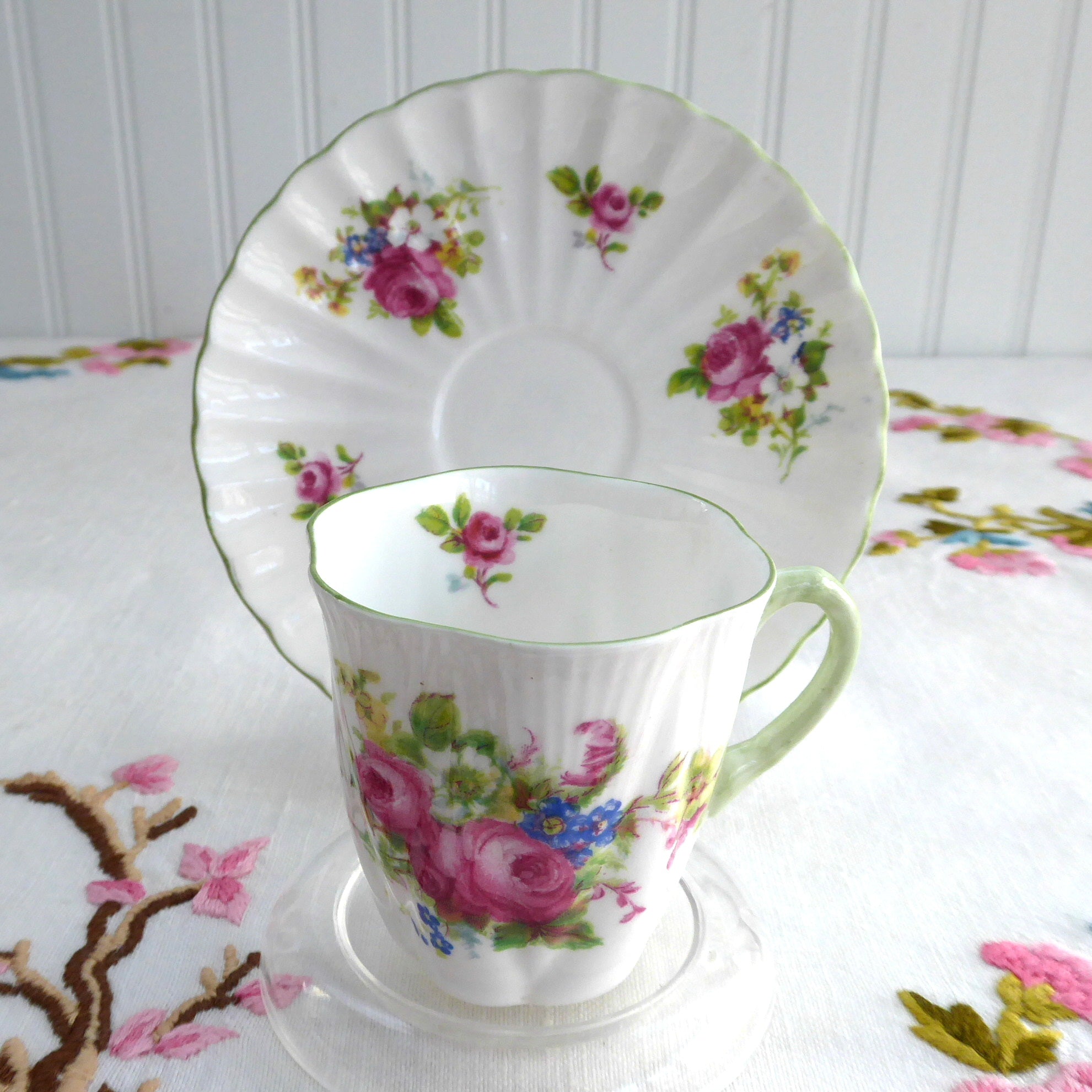 Elegant Shelley Tall Demitasse Cup and Saucer Set with Ludlow Floral Bouquet Design - Perfect for Afternoon Tea, Bridal Showers & Vintage Collections