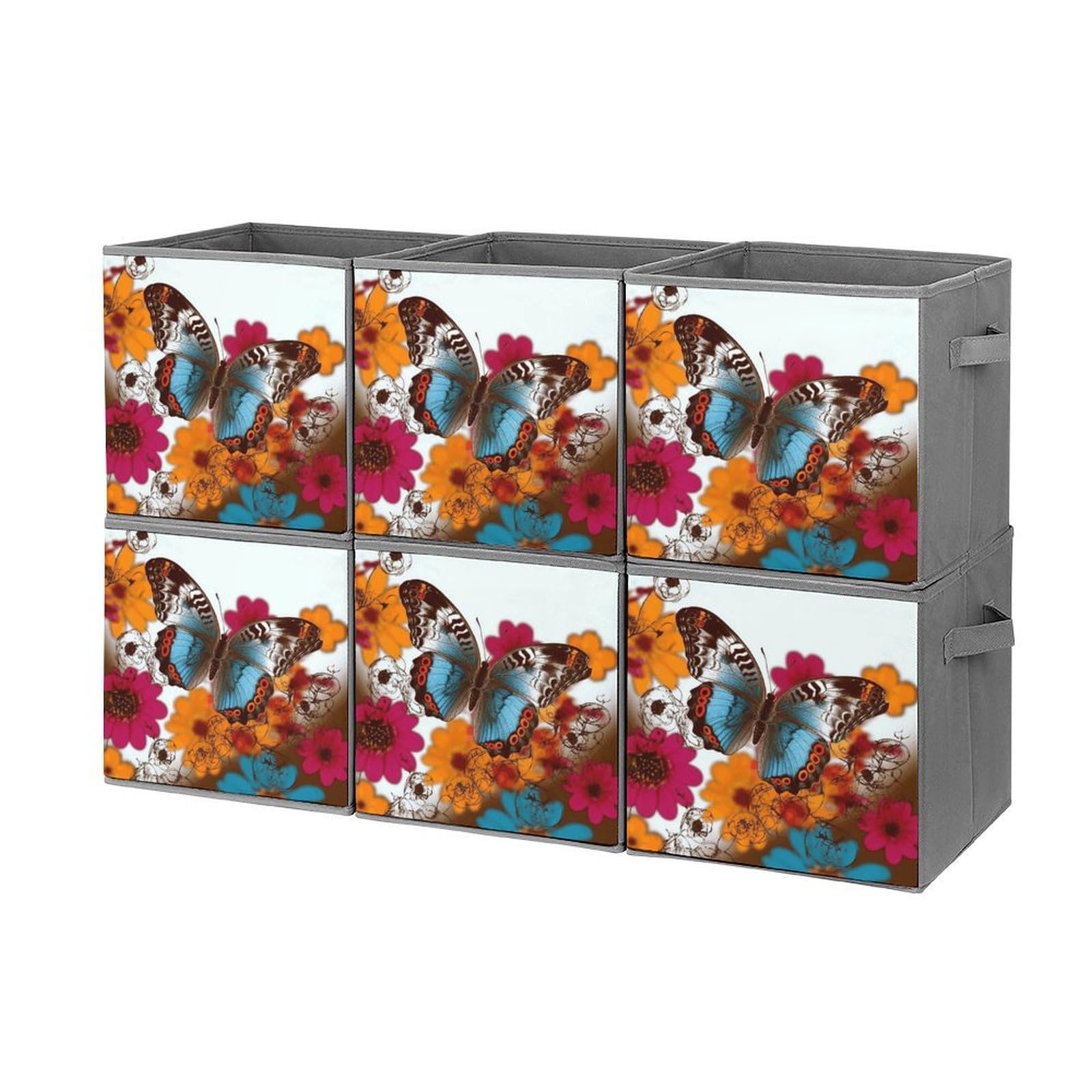 6-Piece Collapsible Storage Bins with Handles - Colorful Flower & Butterfly Printed Organizing Baskets for Home, Closet, Shelves | Space-Saving Foldable Storage Boxes for Bedroom, Kids Room & Office Organization