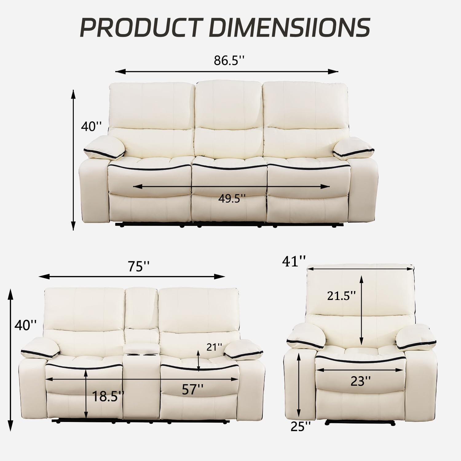 Bonded Leather Recliner Sofa Set with Cup Holders - Living Room & Office Furniture (Loveseat & Couch, Cream White) | Perfect for Family Movie Nights & Home Theater Lounging