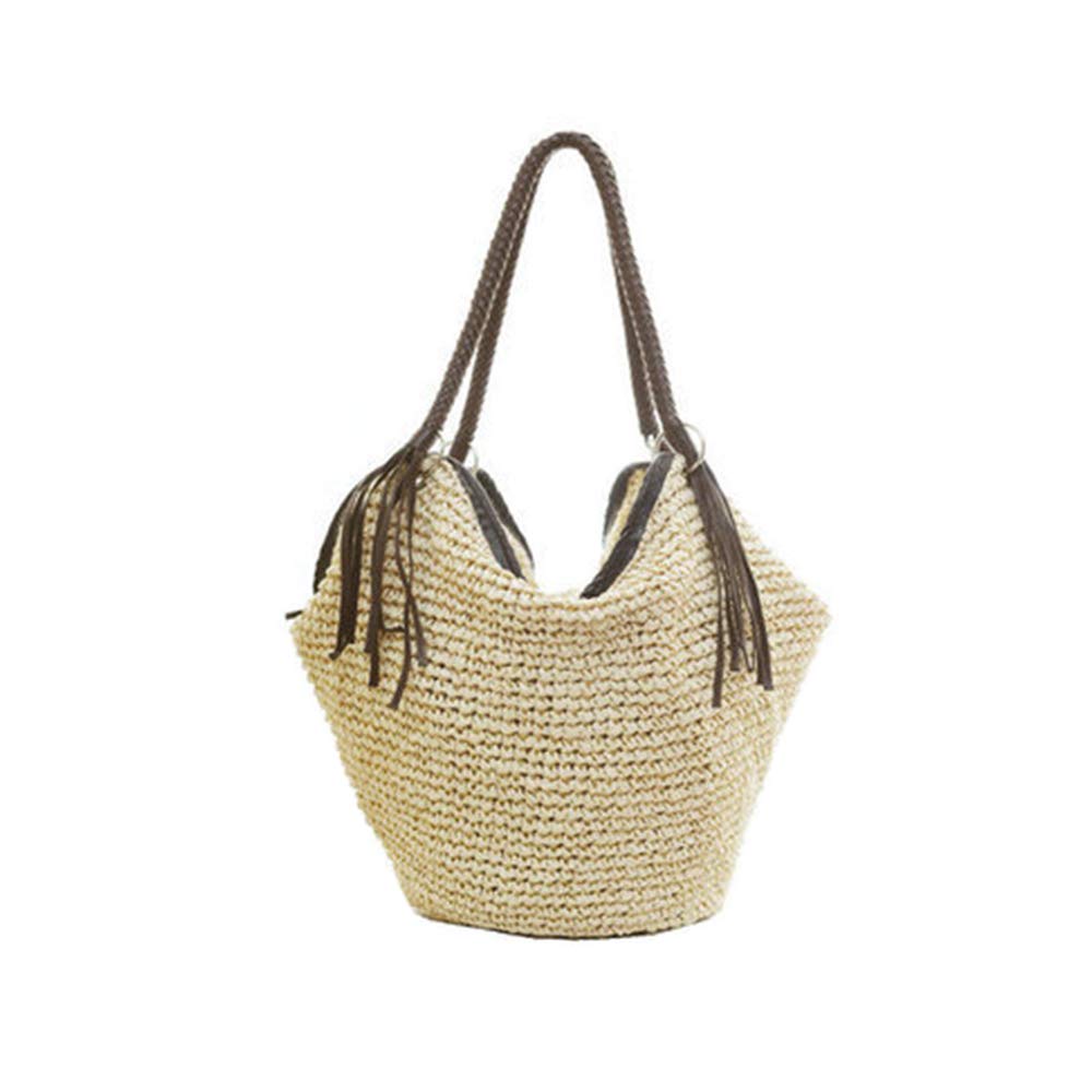 Boho Straw Shoulder Bag with Leather Tassels - Beach Tote for Summer Outings