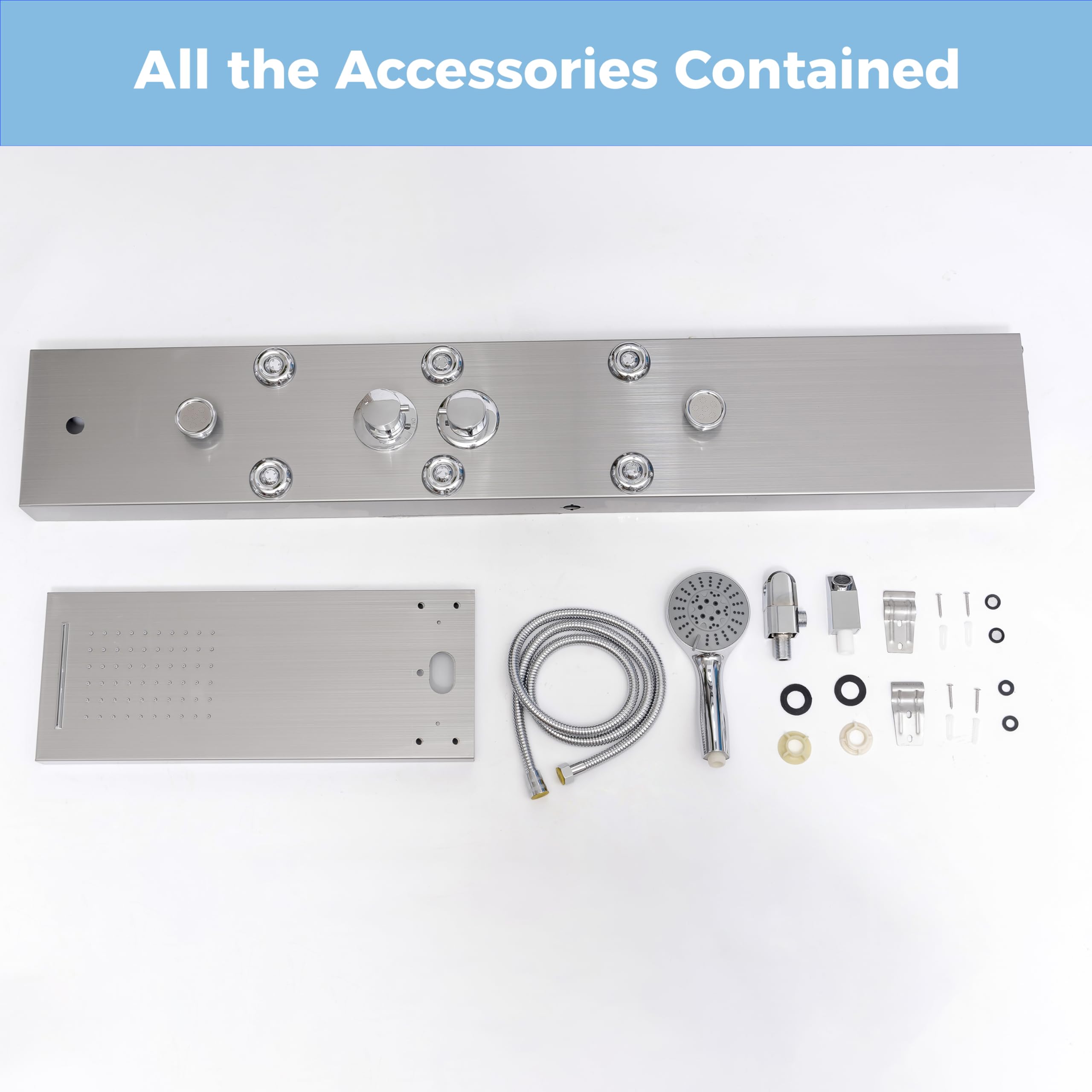 DELAVIN Stainless Steel Shower Panel Tower System - 5-Function Full Body Shower with Rainfall, Waterfall, Massage Jets, Tub Spout & Handheld Showerhead in Brushed Nickel | Perfect for Luxury Bathroom Renovation & Spa-Like Shower Experience