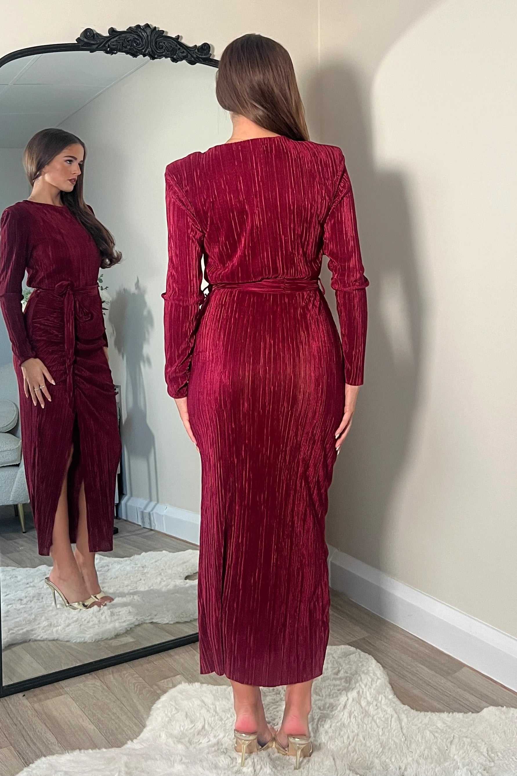 Elena Long Sleeve Ruched Seamed Midi Dress in Wine Red - Elegant Bodycon Party Dress for Women, Perfect for Cocktail Parties, Date Nights & Formal Events