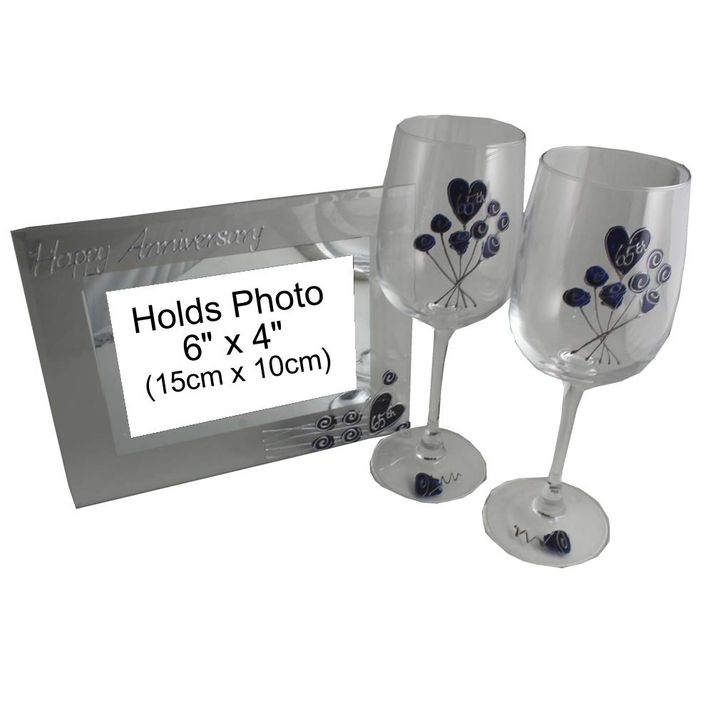 Dreamair 65th Blue Sapphire Wedding Anniversary Gift Set - Elegant Wine Glasses & Photo Frame for Couples | Perfect for Sapphire Anniversary Celebrations, Romantic Dinners & Memorable Gifts