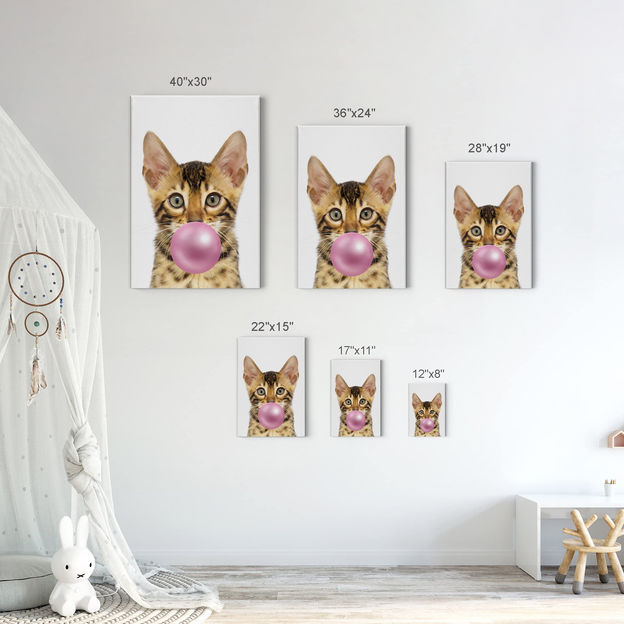 Savannah Cat Kitten Chewing Bubble Gum Canvas Wall Art Print - 40x30 Inch Pet Lover Gift, Pop Art Home Decor for Living Room, Bedroom, Nursery & Office - Perfect for Cat Enthusiasts & Animal-Themed Spaces