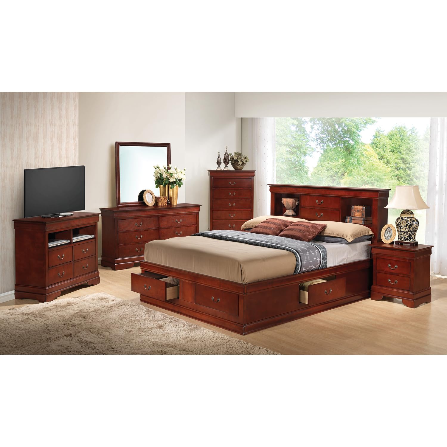 Louis Philippe Cherry King Storage Platform Bed - Modern Indoor Bedroom Furniture with Elegant Design for Home Decor | Perfect for Master Bedrooms, Guest Rooms & Small Spaces