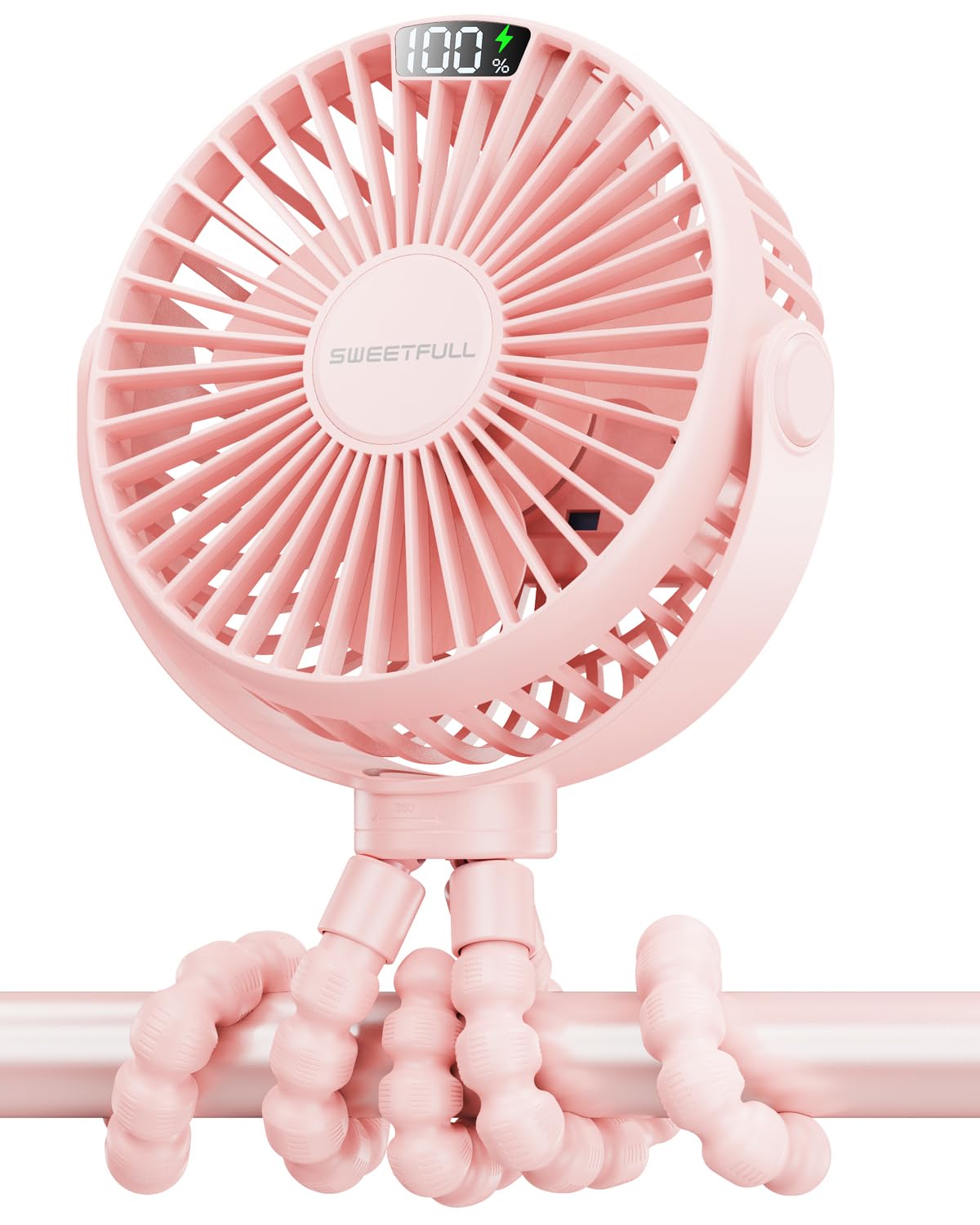 SWEETFULL Portable Stroller Fan with LED Display - 4000mAh Rechargeable Battery, 4 Speed Mini Clip Fan - Handheld Personal Cooling Fan for Baby Stroller, Car Seat, Crib, Office Desk, Treadmill & Travel - Pink (Ideal for Outdoor Activities, Home & Office Use)