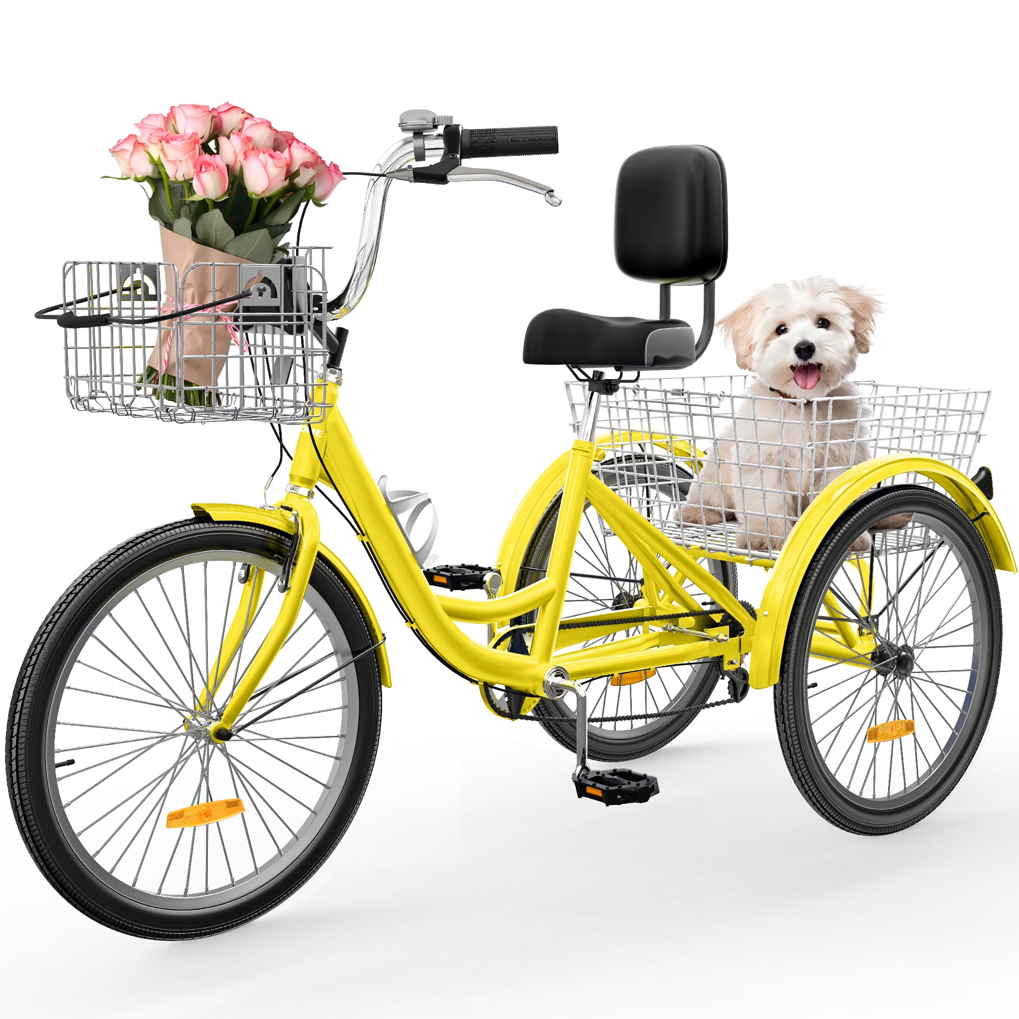 YITAHOME 24 & 26 Inch Adult Tricycle - 1 & 7 Speed 3 Wheel Bike with Large Cushioned Seat & Backrest, Front & Rear Baskets - Stable & Comfortable Cruiser Trike for Seniors, Women & Men - Perfect for Commuting, Picnics, Grocery Shopping & Outdoor Recreation