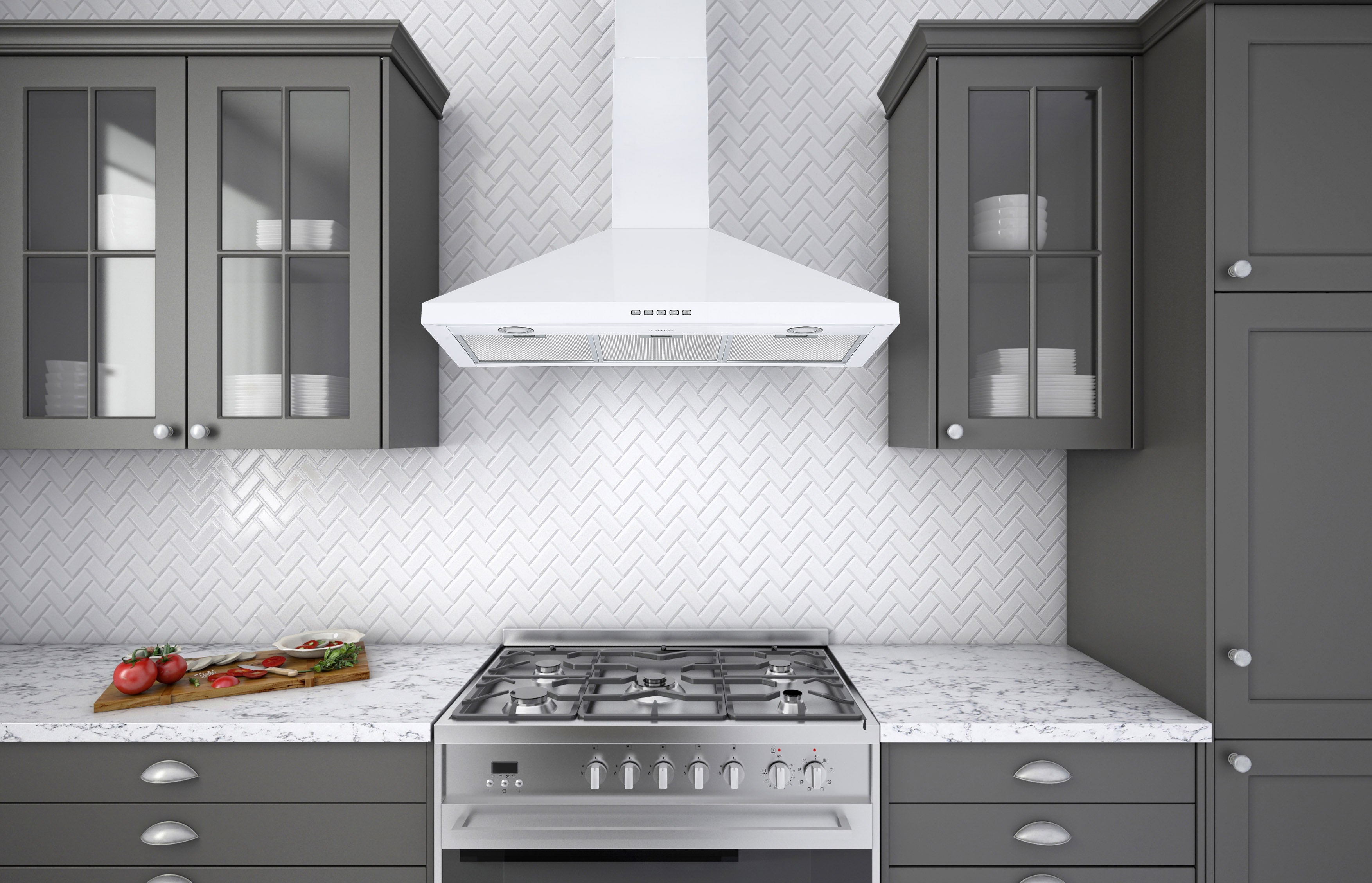 36 Inch Convertible Wall Mounted Pyramid Range Hood in White - Powerful Kitchen Ventilation for Smoke and Odor Removal