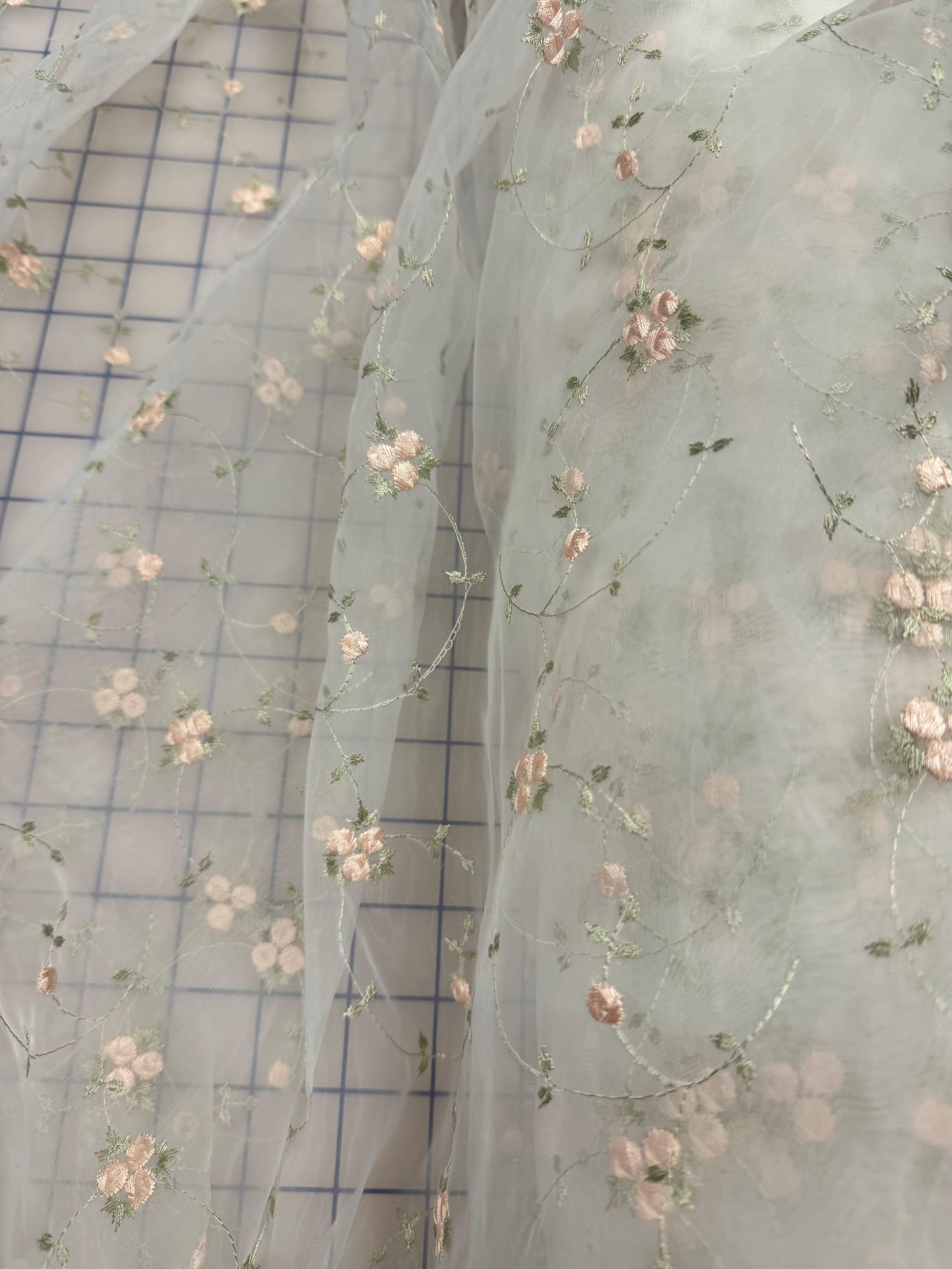 Elegant White Organza Fabric with Embroidered Floral Design in Peachy Pink - Perfect for Wedding Decor, Bridal Veils & DIY Craft Projects