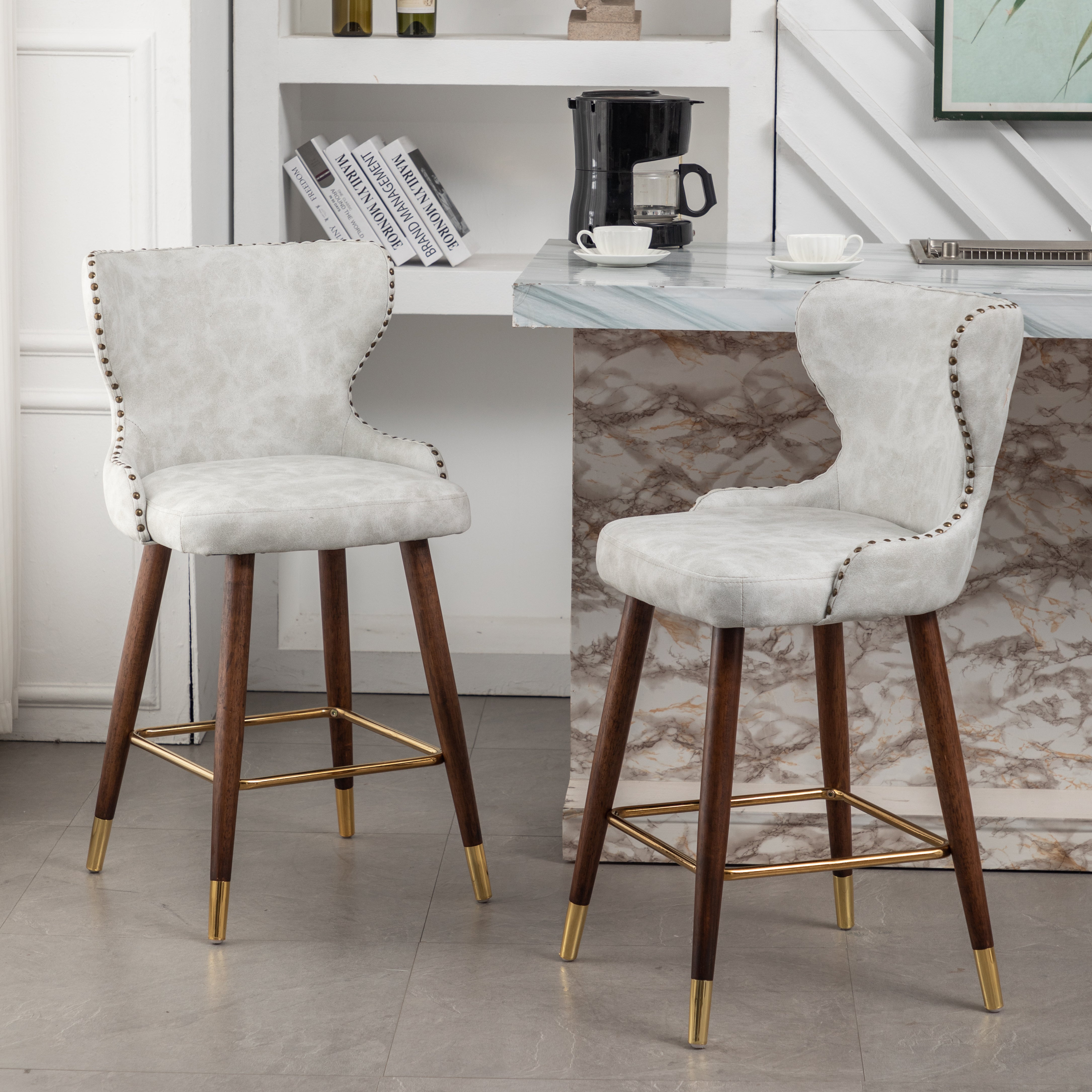 Roundhill Furniture Nevis Mid-Century Modern Faux Leather Tufted Nailhead Trim Counter Stools - Set of 2, White - Perfect for Kitchen Islands, Breakfast Bars & Home Decor