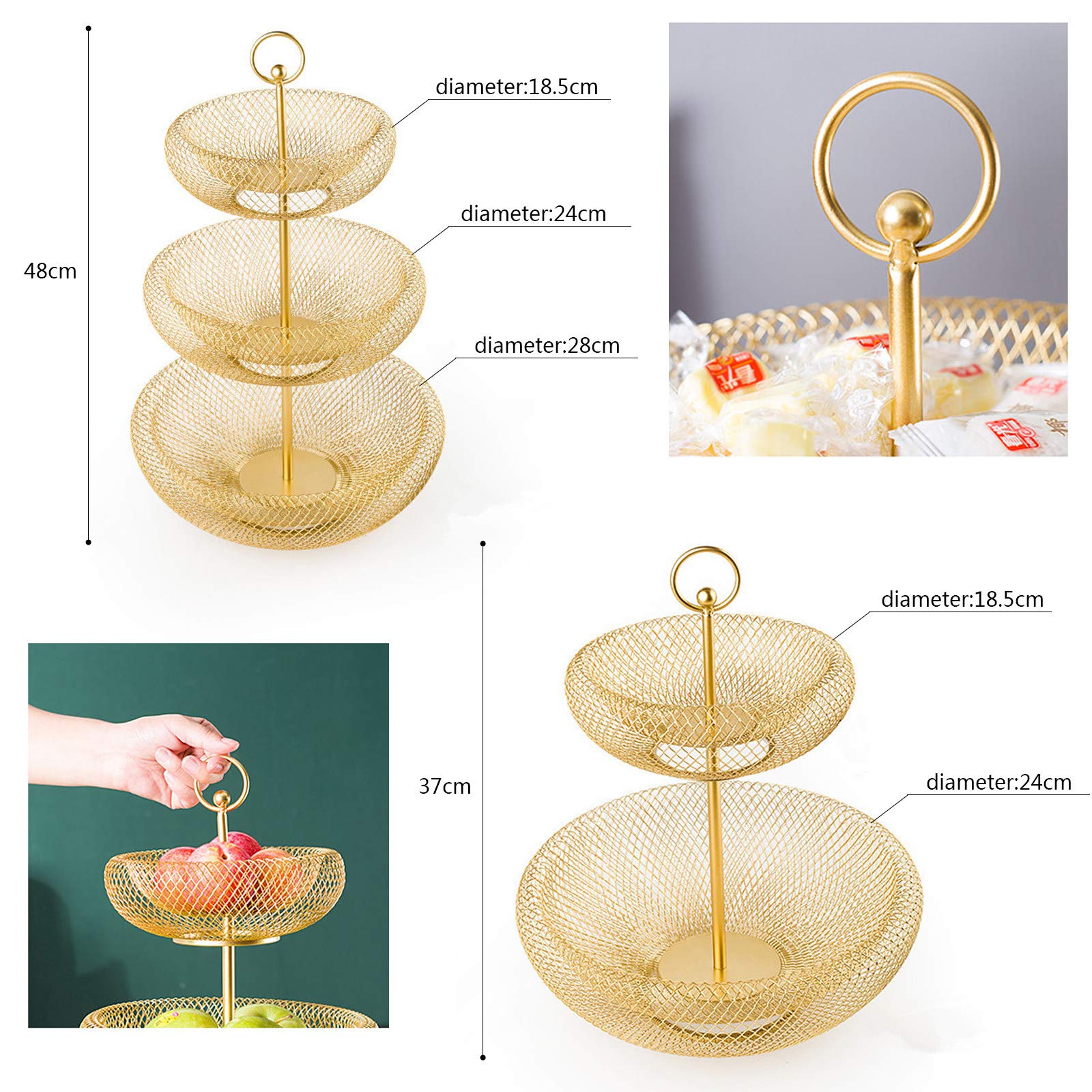 2-Tier & 3-Tier Gold Metal Wire Fruit Basket - Modern Nordic Style Countertop Organizer for Fruits, Vegetables & Bread - Perfect for Kitchen Counter, Dining Table & Pantry Storage