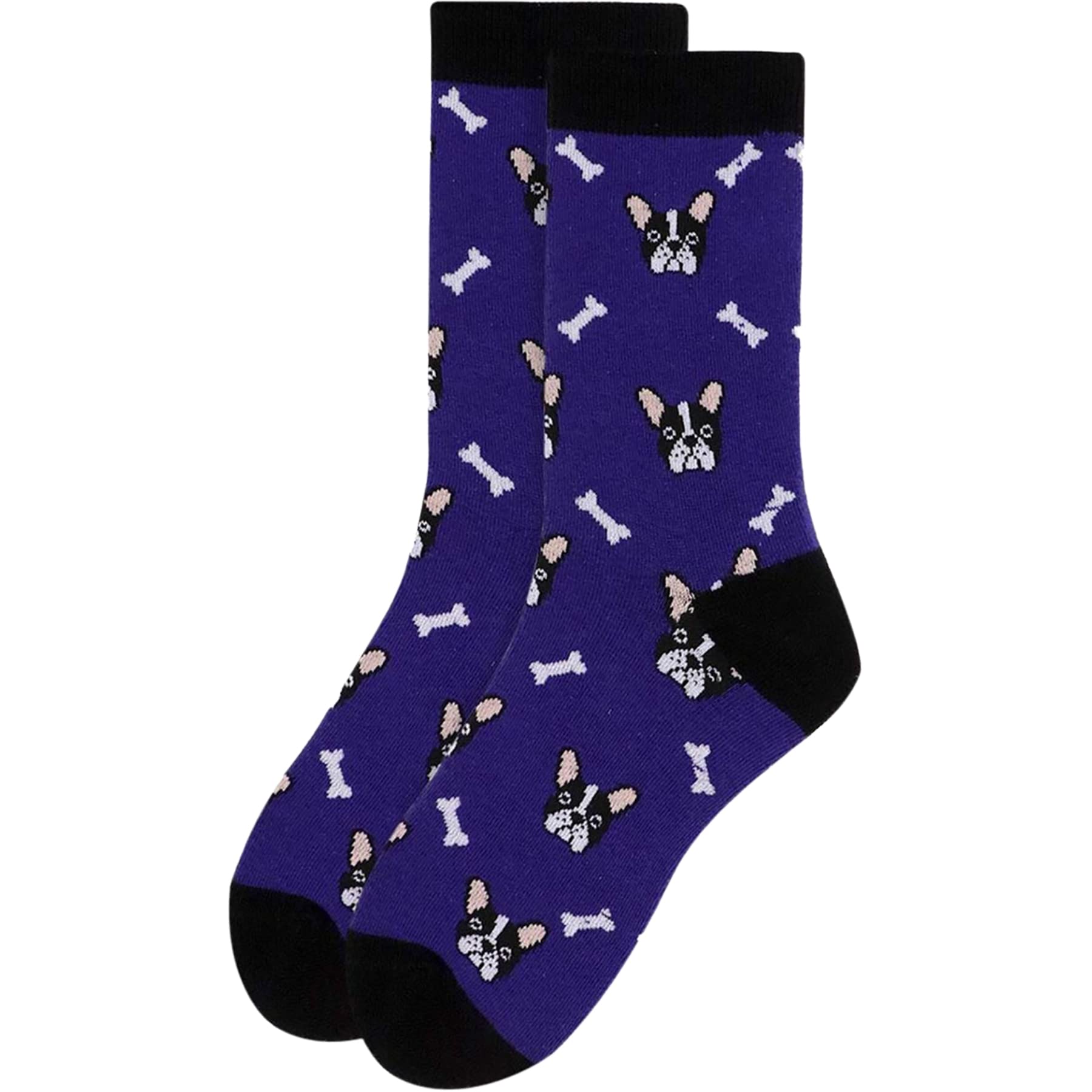 Women's French Bulldog Faces & Bones Pattern Crew Novelty Socks - Navy Blue | Fun Casual Socks for Dog Lovers, Gift Idea for Pet Owners, Cute & Comfortable Everyday Wear