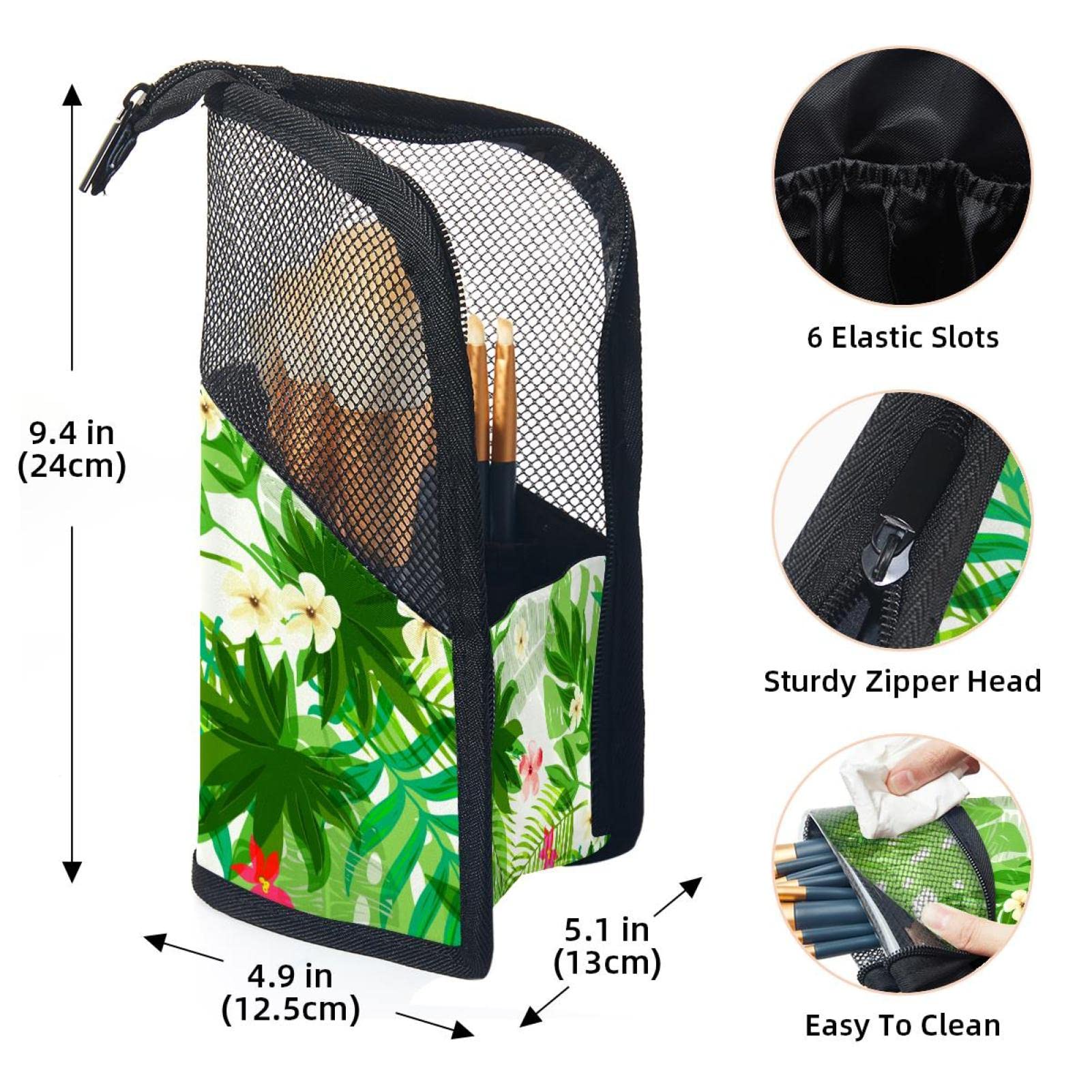 Portable Makeup Brush Organizer Bag with 12 Slots - Tropical Leaves & Flowers Design - Travel Cosmetic Brush Holder Case for Home, Travel, and Professional Makeup Artists
