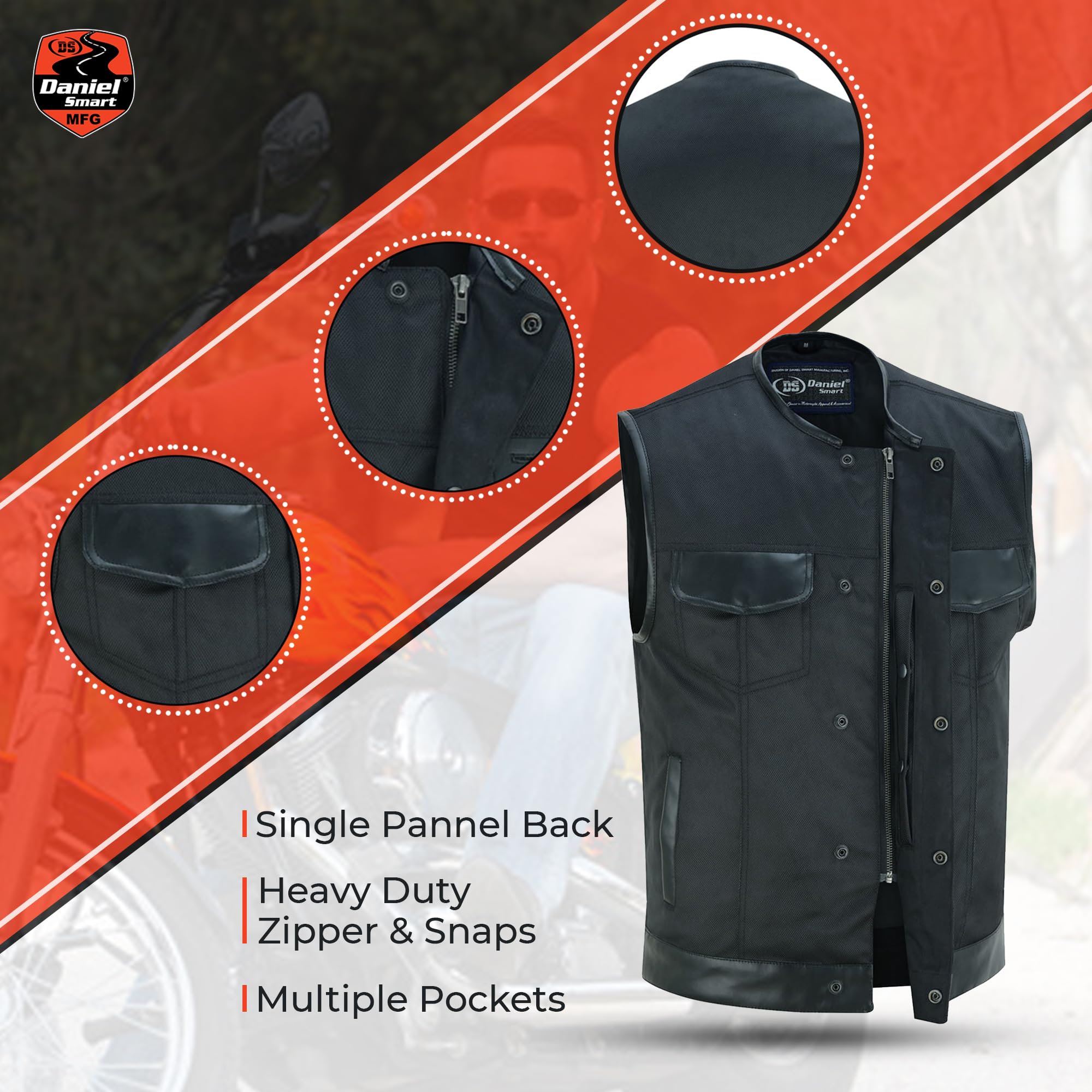 Daniel Smart Men’s Motorcycle Vest - Black Textile with Leather Trim, Concealed Armory Pocket | Stylish & Protective Riding Gear for Bikers & Outdoor Enthusiasts