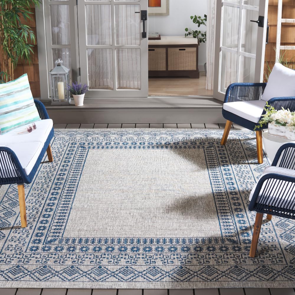 SAFAVIEH Courtyard Collection 8' x 11' Grey/Navy Indoor Outdoor Waterproof Rug - Easy to Clean, Perfect for Patio, Backyard, Mudroom & High-Traffic Areas