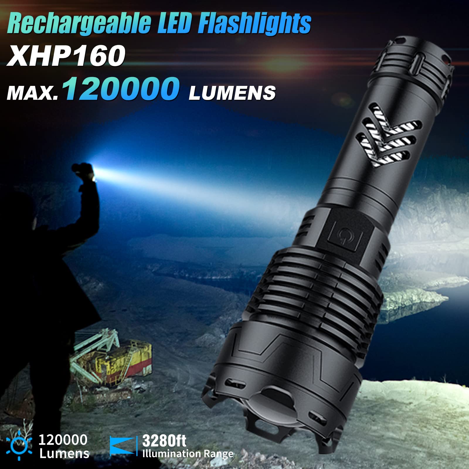 120,000 Lumens Rechargeable LED Tactical Flashlight - Super Bright, 5 Light Modes, Zoomable, IPX5 Waterproof, Fast Charging - Perfect for Outdoor Camping, Hiking, Emergency Preparedness & Power Outages
