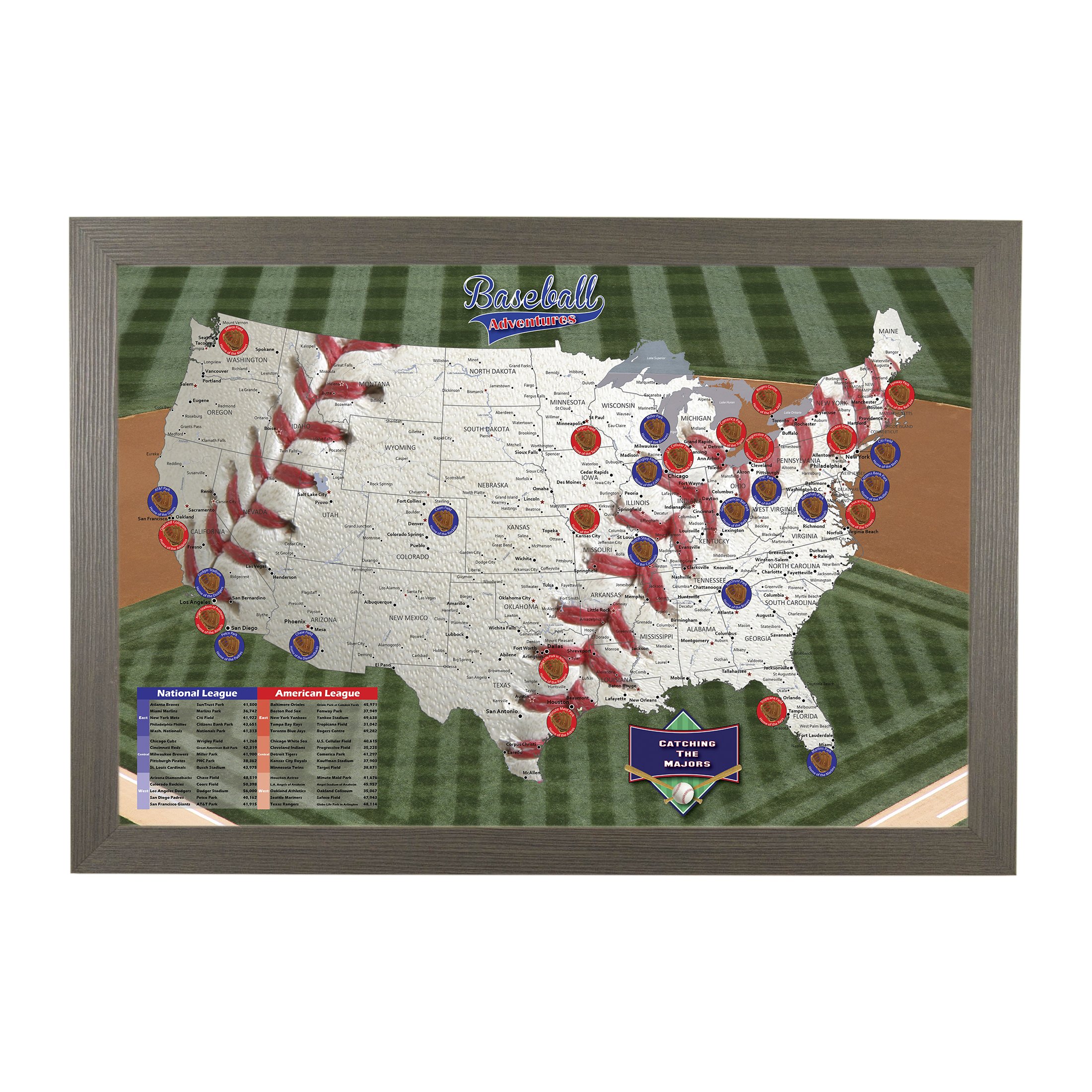 Push Pin Travel Map for Baseball Adventures - 27.5x39.5 Inch Barnwood Gray Framed World Map with Pins | Perfect for Travel Tracking, Sports Memorabilia & Home Office Decor