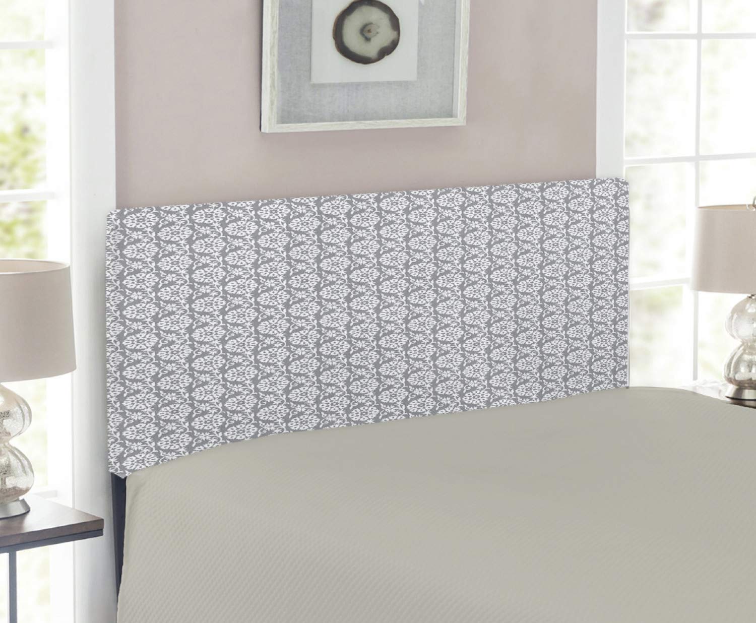 Ambesonne Grey and White Upholstered Headboard - Victorian Garden Floral Pattern with Memory Foam for Twin Beds | Antique Style Metal Bed Frame Headboard | Perfect for Bedroom Decor, Guest Rooms & Victorian Themed Interiors
