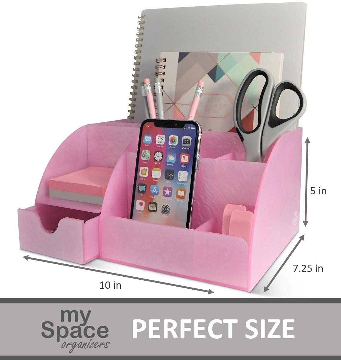 Pink Acrylic Desk Organizer with 9 Compartments & Drawer - Office Supplies Storage, Pen Holder & Cool Desktop Accessories for Home, School & Workspace Organization