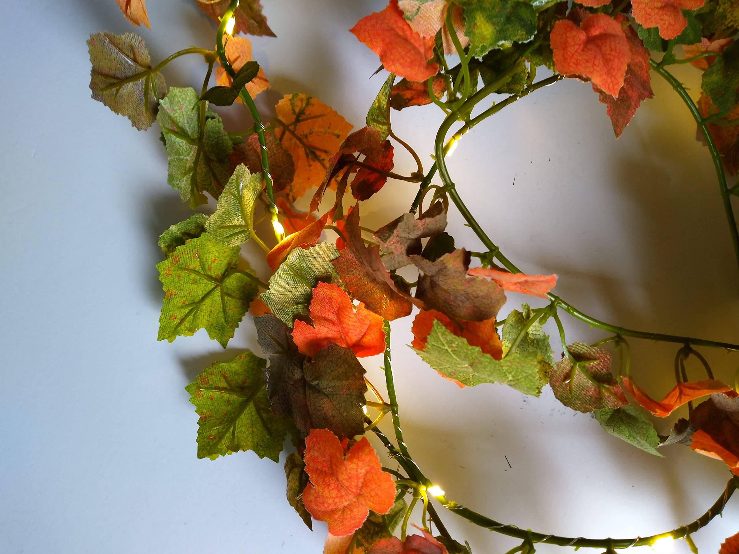 LED Grape Leaf Garland with Warm White Lights - Decorative Mantel or Table Garland for Fall, Thanksgiving, and Christmas Home Decor