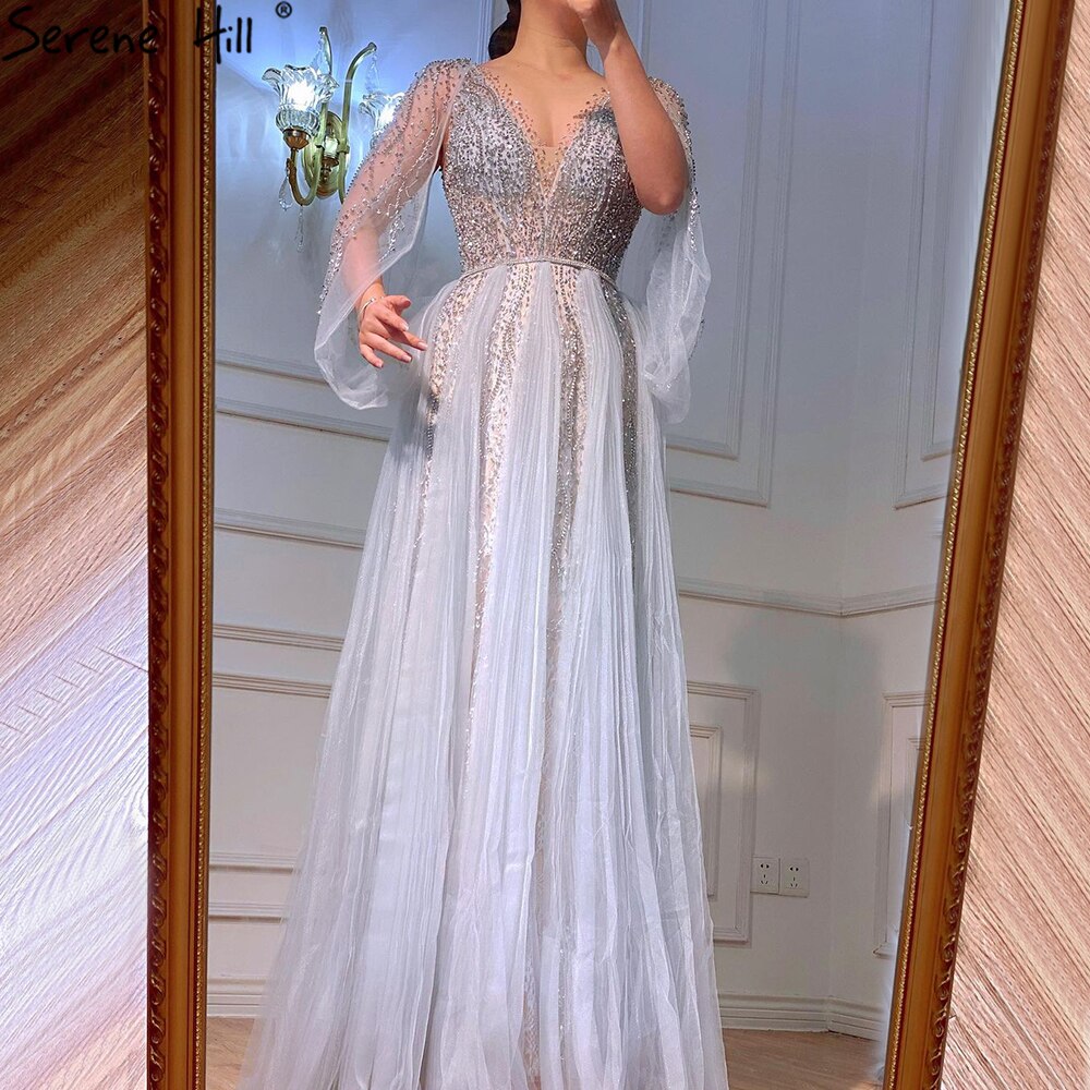 Elegant Grey A-Line Evening Dress with Diamond Beading for Women - Luxury Party Gown for Prom, Wedding & Formal Events - Serene Hill Collection 2025