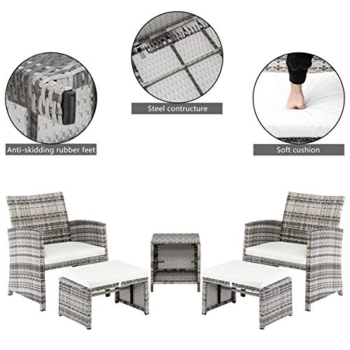 5-Piece Outdoor Rattan Wicker Patio Furniture Set - 2 Chairs, 2 Footstools & Coffee Table in Gray Gradient - Perfect for Backyard, Garden or Poolside Conversation Area