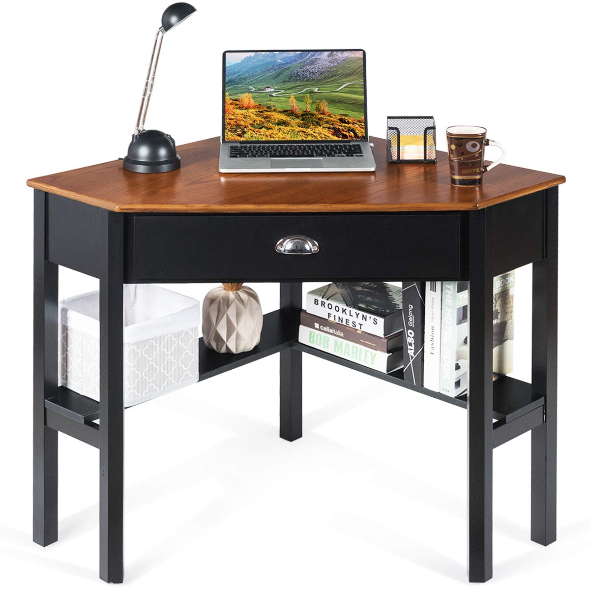 Tangkula 90-Degree Corner Desk with Drawer & Storage Shelves - Compact Computer Desk for Small Spaces, Home Office & Makeup Vanity (Coffee & Black) - Perfect for Apartments, Dorms & Workspaces