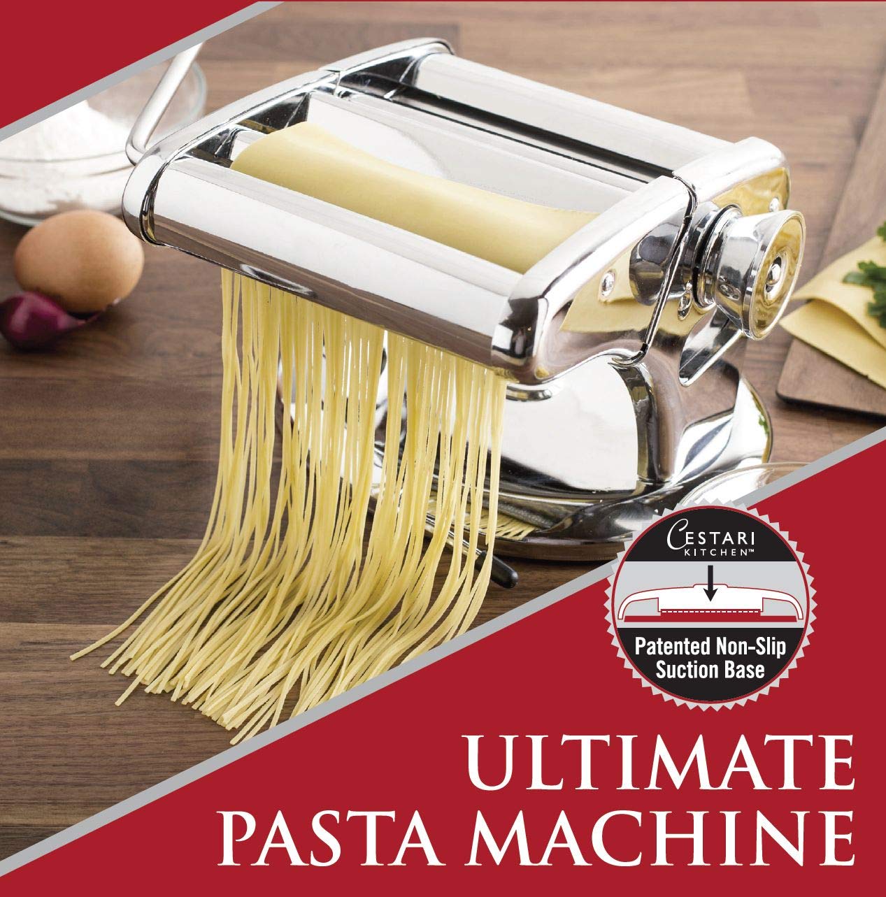 Cestari Ultimate Stainless Steel Pasta Maker Machine with Patented Suction Base - 150mm Pasta Roller with Hand Crank, Cutter & Recipes - Perfect for Homemade Pasta, Ravioli, Lasagna & Italian Cooking