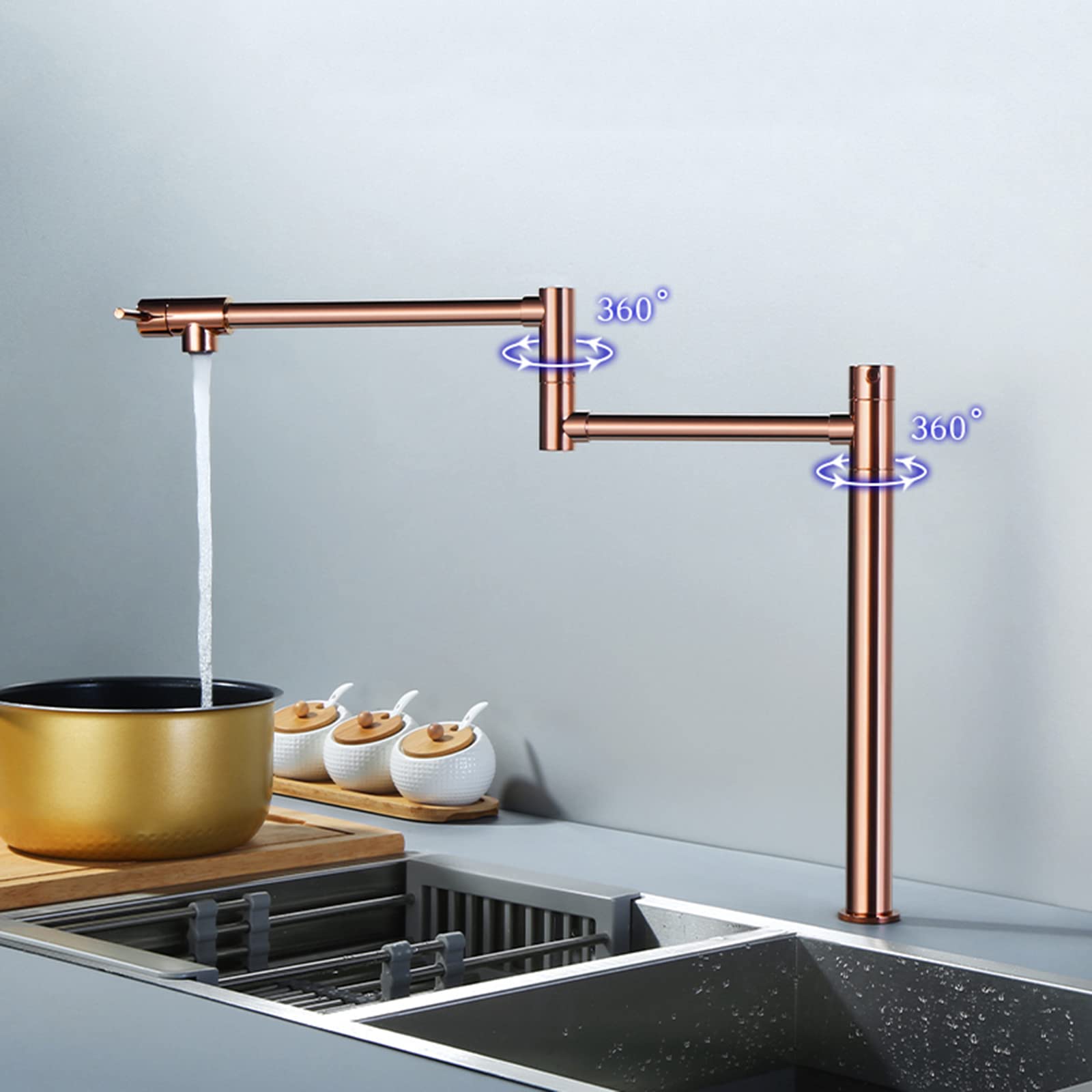 Rose Gold Wall Mounted Pot Filler Faucet - Brass Folding Stretchable Kitchen Sink Faucet with Double Joint Swing Arm & 2 Handles | Perfect for Filling Large Pots, Pasta Cookers & Stockpots in Modern Kitchens