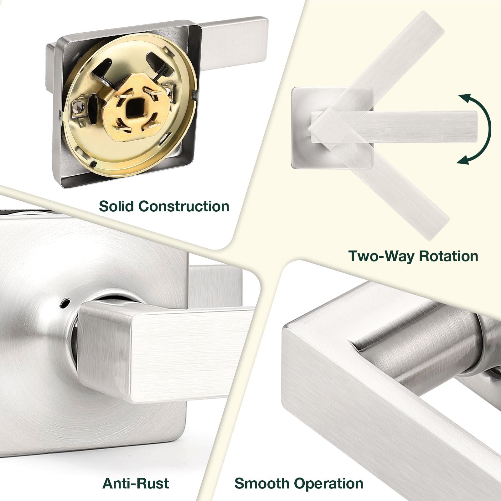 Gobekor 6 Pack Brushed Nickel Square Interior Door Handles - Keyless Passage Lever Set for Closet, Bedroom & Office Doors (Straight Levers, Modern Design)