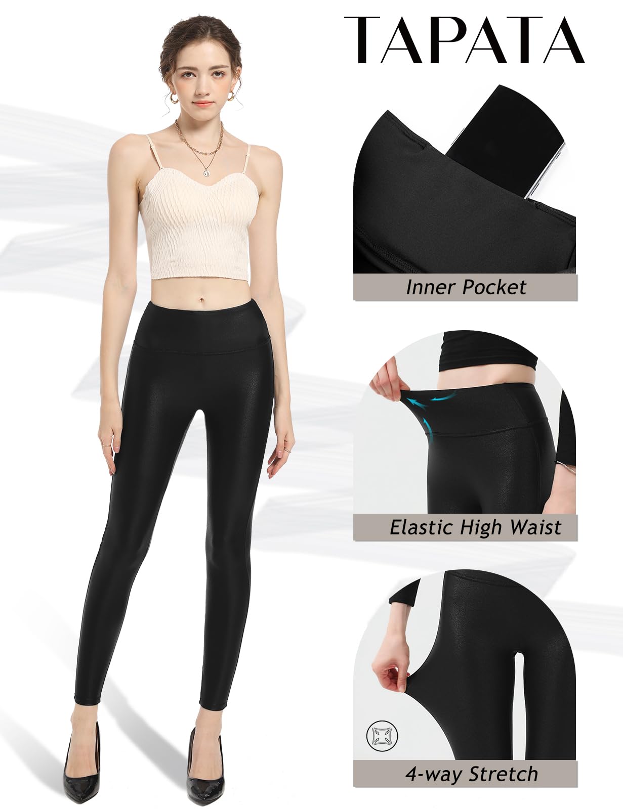 Tapata Petite Women's Faux Leather Leggings - High Waisted Pleather Yoga Pants 25