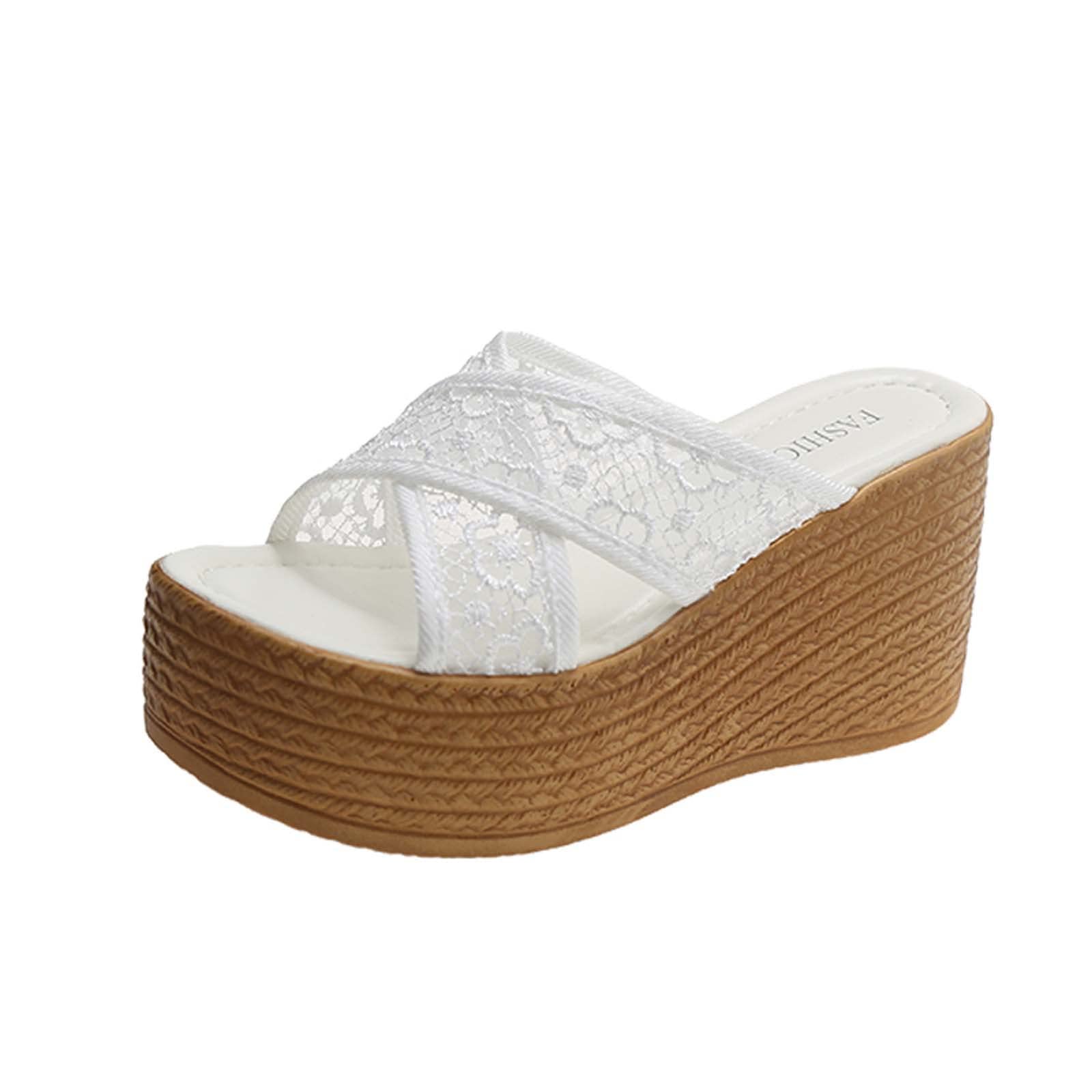 Women's Dressy Summer Platform Sandals - Floral Lace Cross Strap Wedge Heel Open Toe Slides (4.5 Inch) for Beach, Wedding & Casual Outings