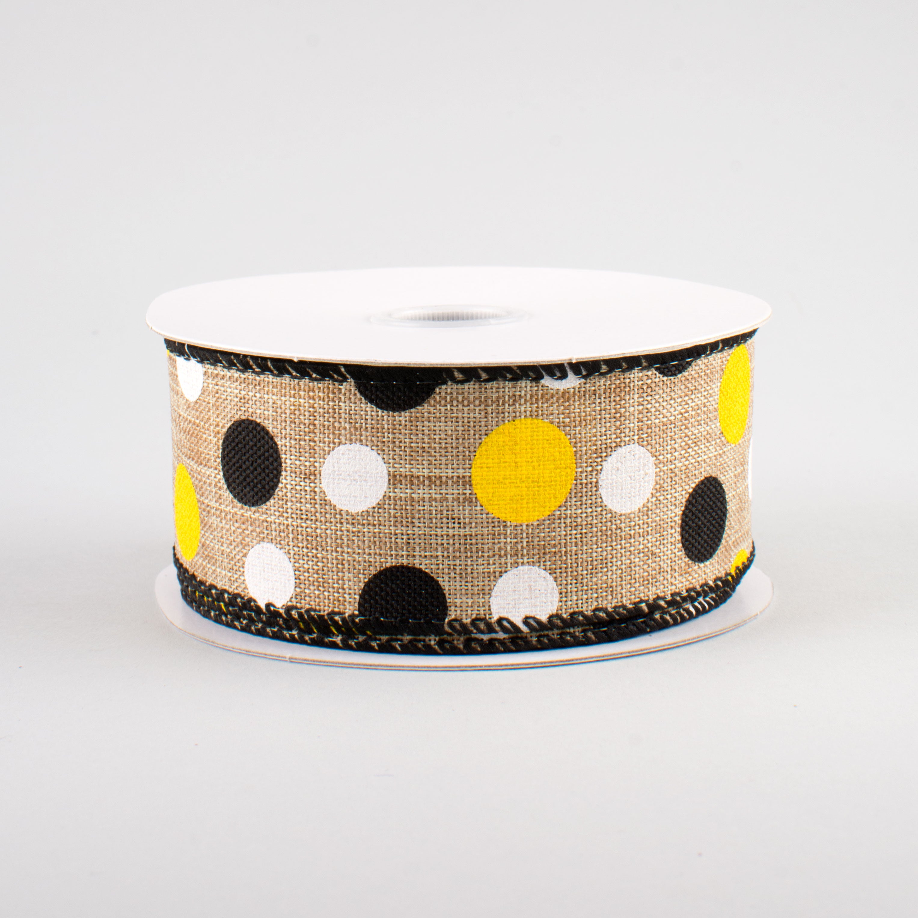 1.5 Inch Natural Canvas Ribbon with Black, Yellow, White Dots - 10 Yards for Gift Wrapping, DIY Crafts, Scrapbooking & Home Decor