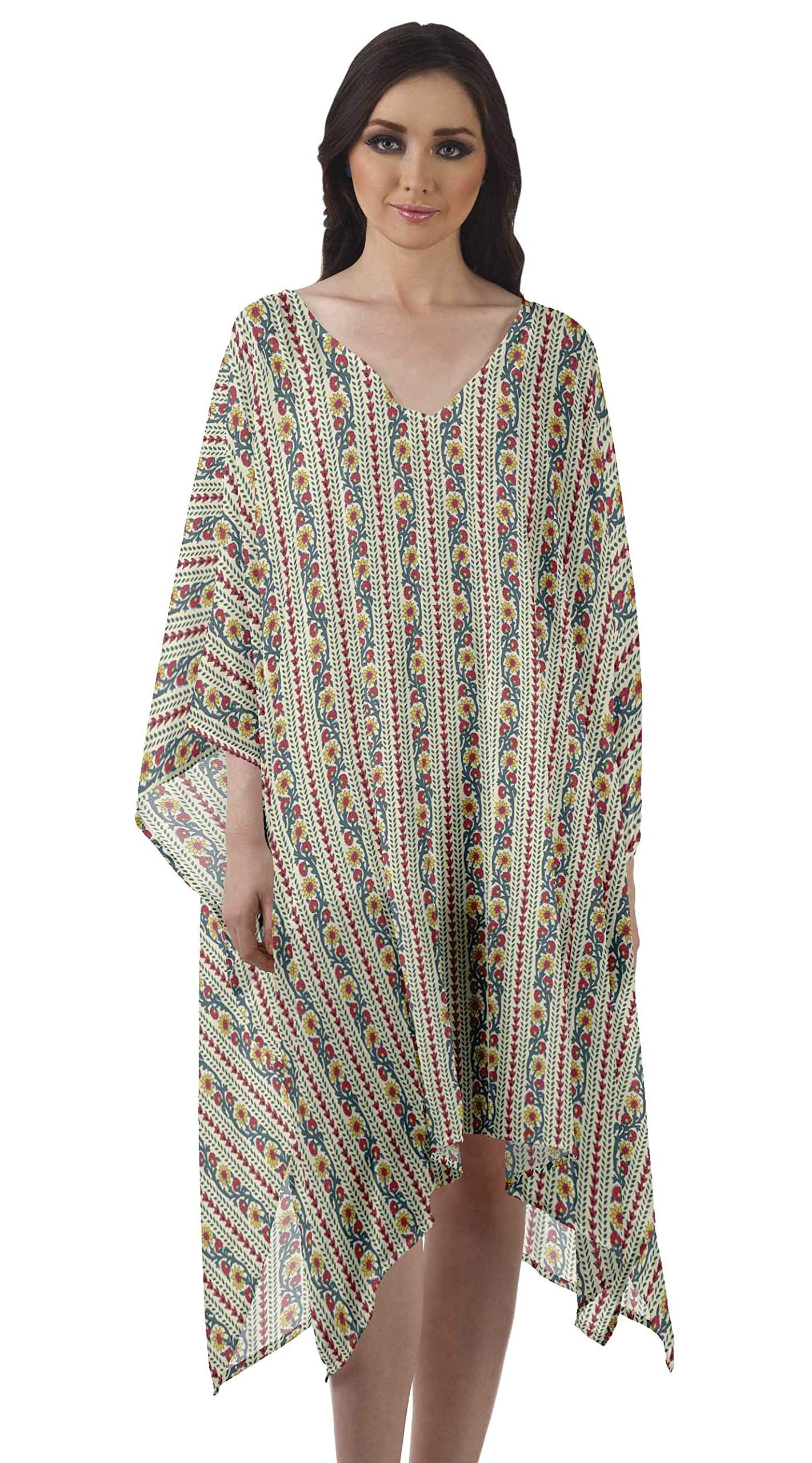 Moomaya Women's Georgette Short Beach Kaftan - Flowy Bikini Cover Up Dress with Side Slits | Perfect for Poolside, Vacation & Summer Outfits