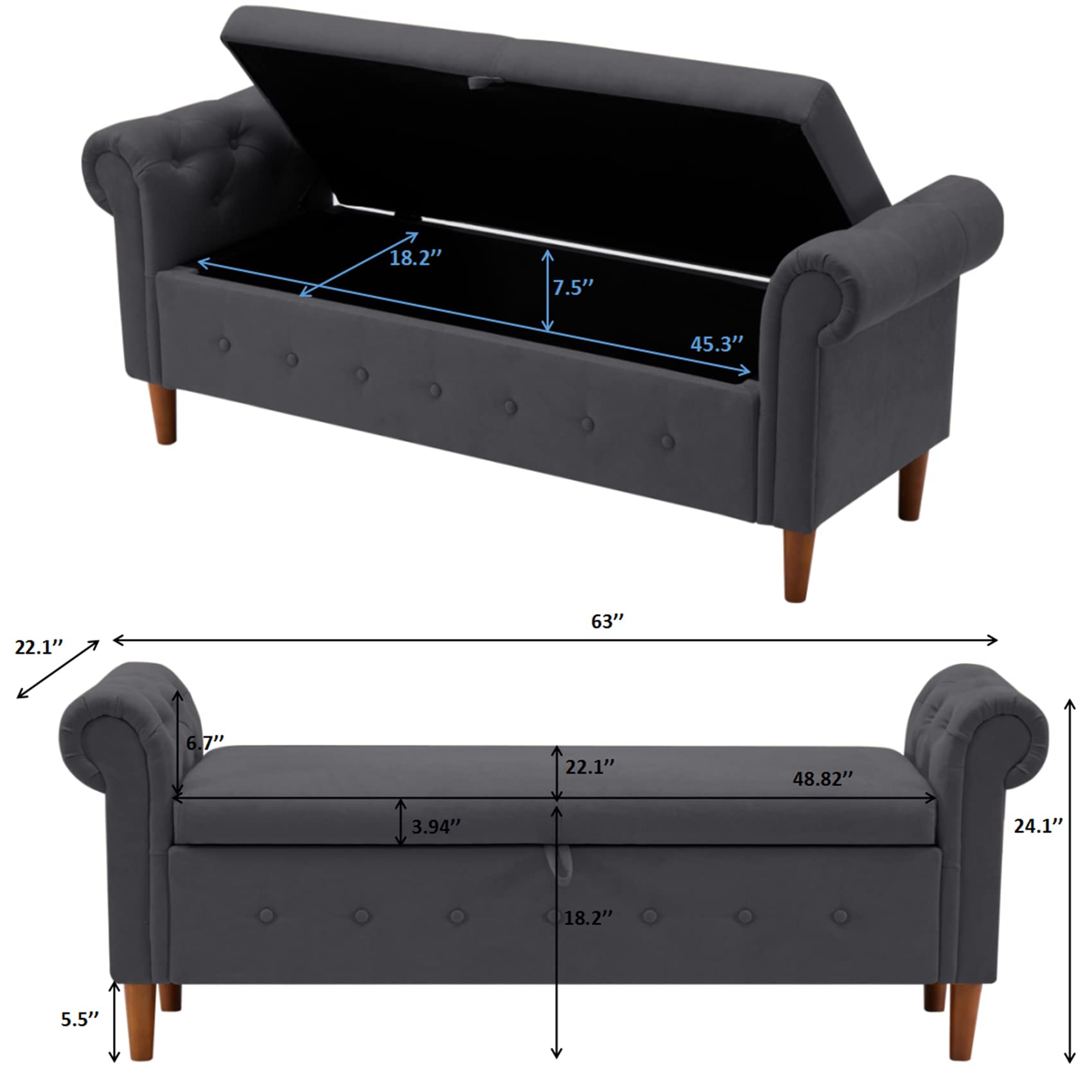 Aoowow Storage Bench with Rolled Arms - Linen Fabric Ottoman Couch for Bedroom, End of Bed, Window Seat or Fireplace - Multi-Functional Toy Storage Bench (Gray) - Perfect for Small Space Organization & Cozy Seating