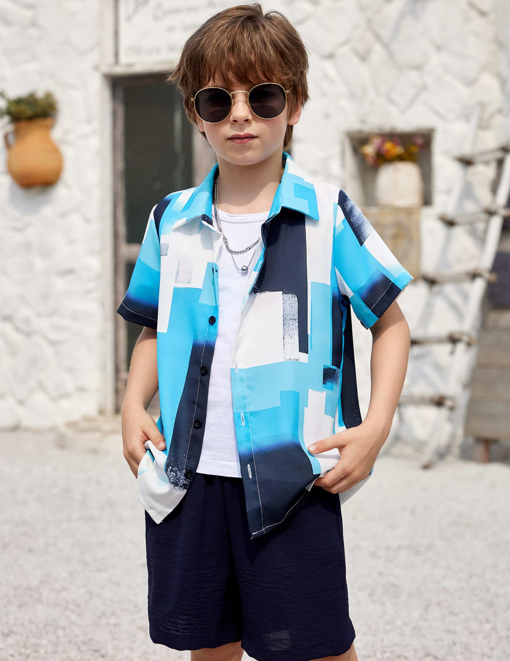 Arshiner Boys 2-Piece Hawaiian Outfit Set - Button Down Shirt & Shorts for Summer Beach Vacation | Casual Tropical Wear for Kids Ages 4-12 | Perfect for Beach Parties, Family Vacations and Summer Outings