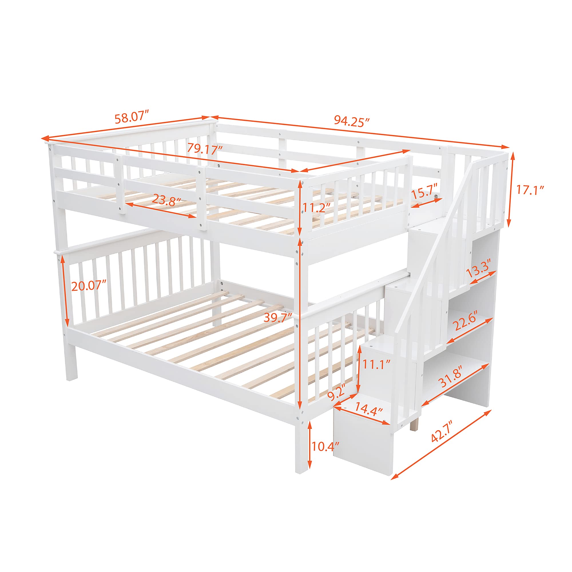 Full Over Full Bunk Bed with Storage & Guard Rail - Solid Wood Twin Bunk Bed for Kids, Teens, Dorm Rooms & Small Spaces - Space-Saving Bedroom Furniture with Underbed Storage (White) - Perfect for Shared Kids' Rooms, College Dorms & Guest Bedrooms