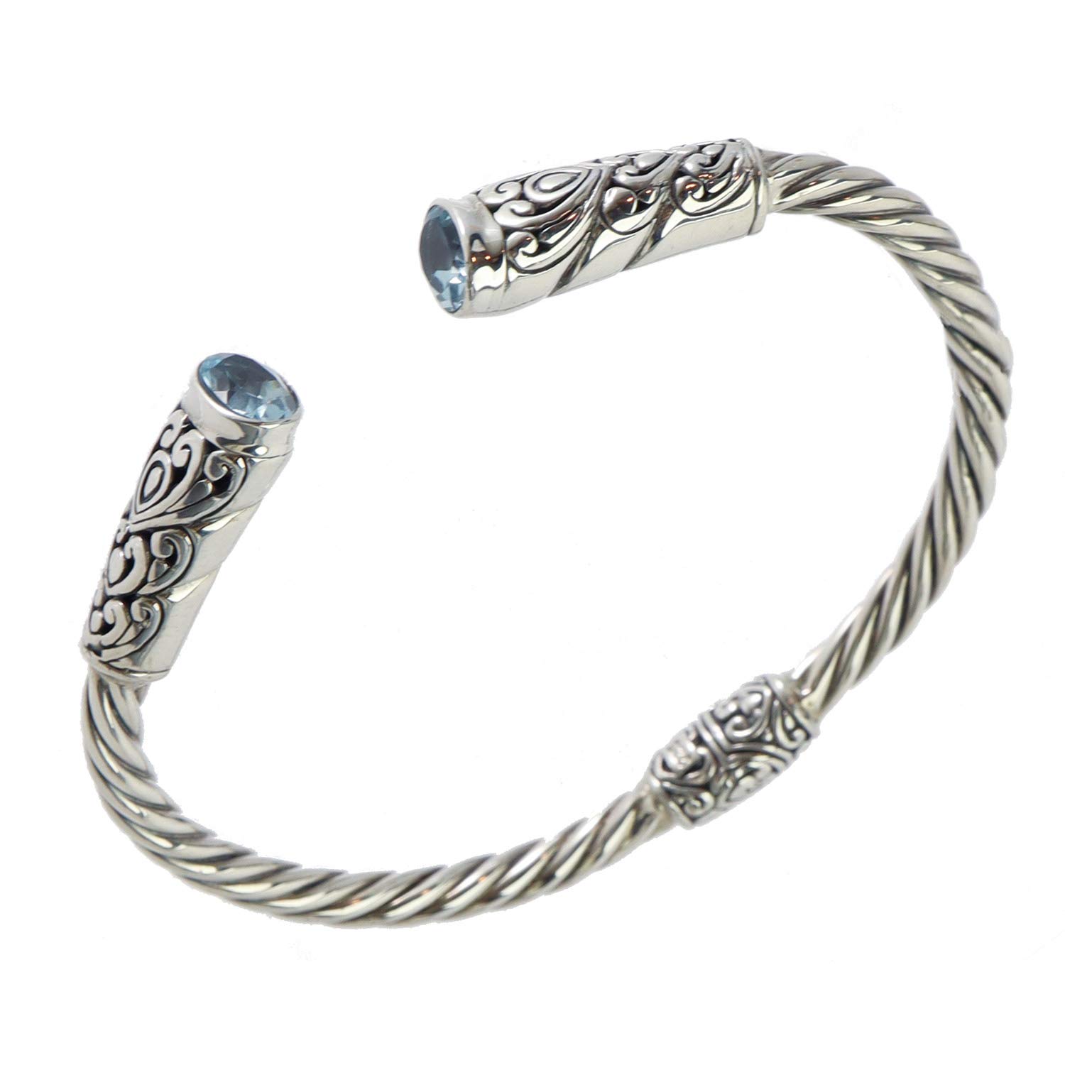 Handmade 925 Sterling Silver Blue Topaz Cuff Bali Bangle Bracelet for Women - Elegant Jewelry Gift for Birthday, Anniversary & Special Occasions
