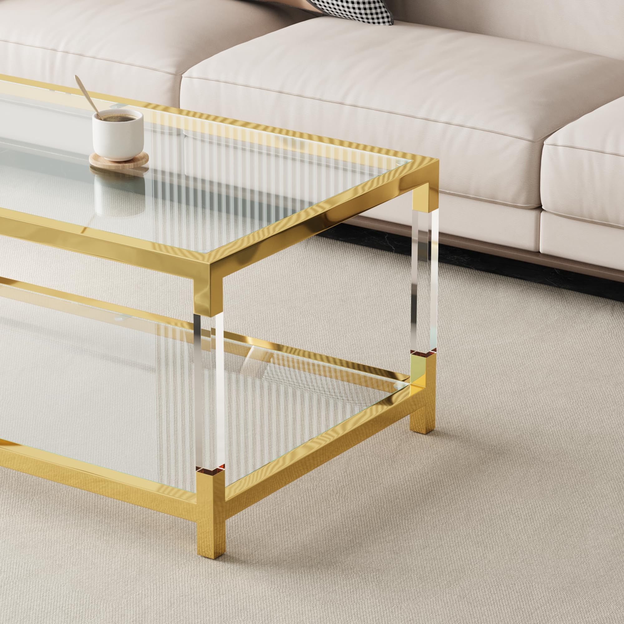 Premium 2-Piece Glass Coffee Table Set - 2-Tier Modern Living Room End Tables with Gold Frame & Clear Acrylic Legs for Apartment, Office & Lounge Decor | Perfect for Entertaining Guests or Relaxing with Coffee
