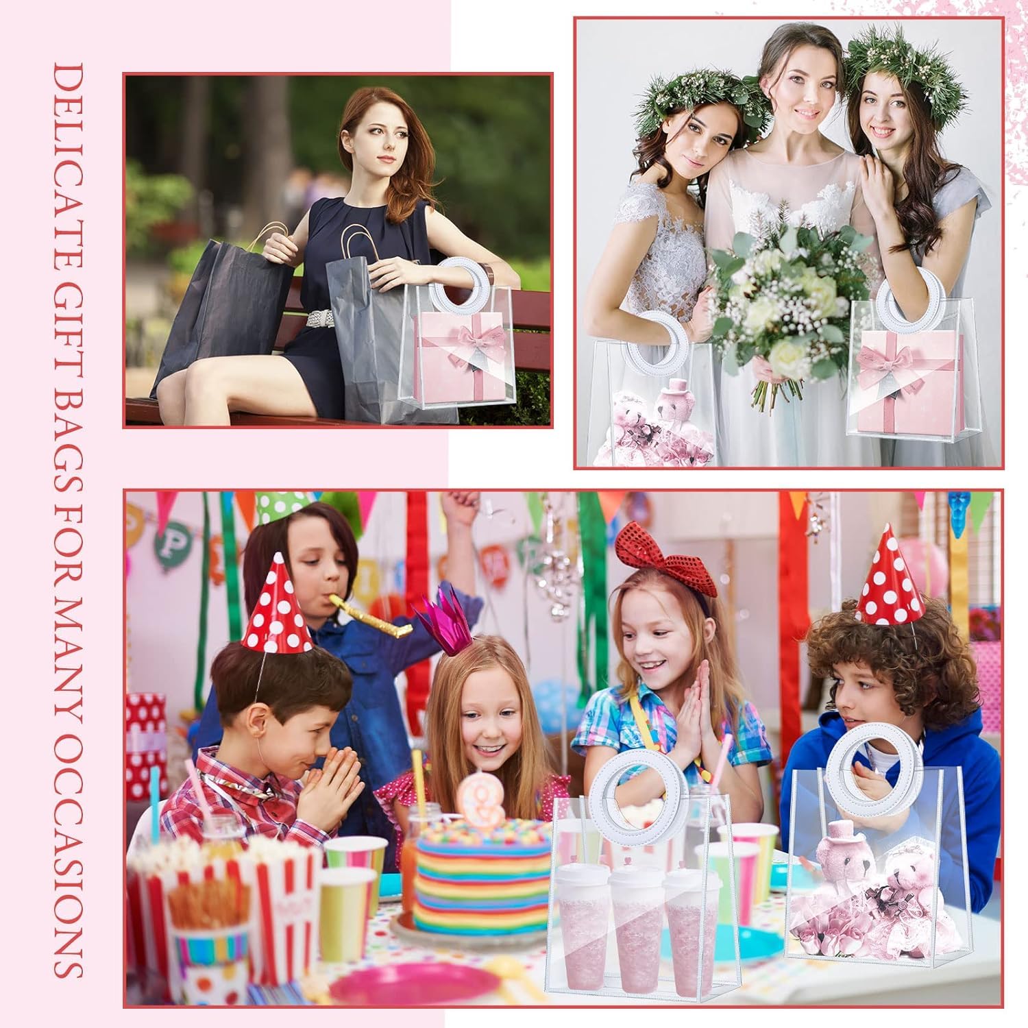 Clear PVC Gift Bags with Round Handles - Medium to Large Size (1-Count) | Perfect for Wedding, Baby Shower, Birthday Party & Retail Shopping | Durable Polyvinyl Chloride Gift Wrap Bags for Party Favors & Special Occasions