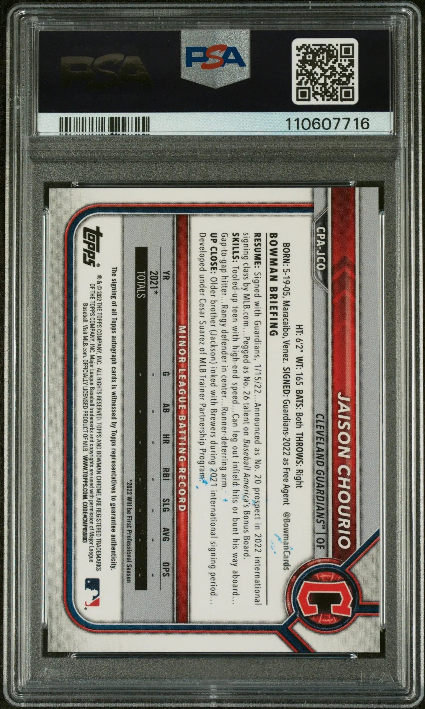 2022 Bowman Chrome Jaison Chourio Prospect Autograph Auto RC PSA 10 - Perfect for Baseball Card Collectors & Investment Collectibles