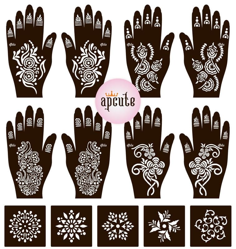 APCUTE 13-Piece Mehndi Stencil Kit | Temporary Henna Tattoo Stencils for Full Hand Designs - Easy 4-Step Application for Women & Girls | Perfect for Weddings, Festivals & DIY Body Art (Designs 224-225-54-45)