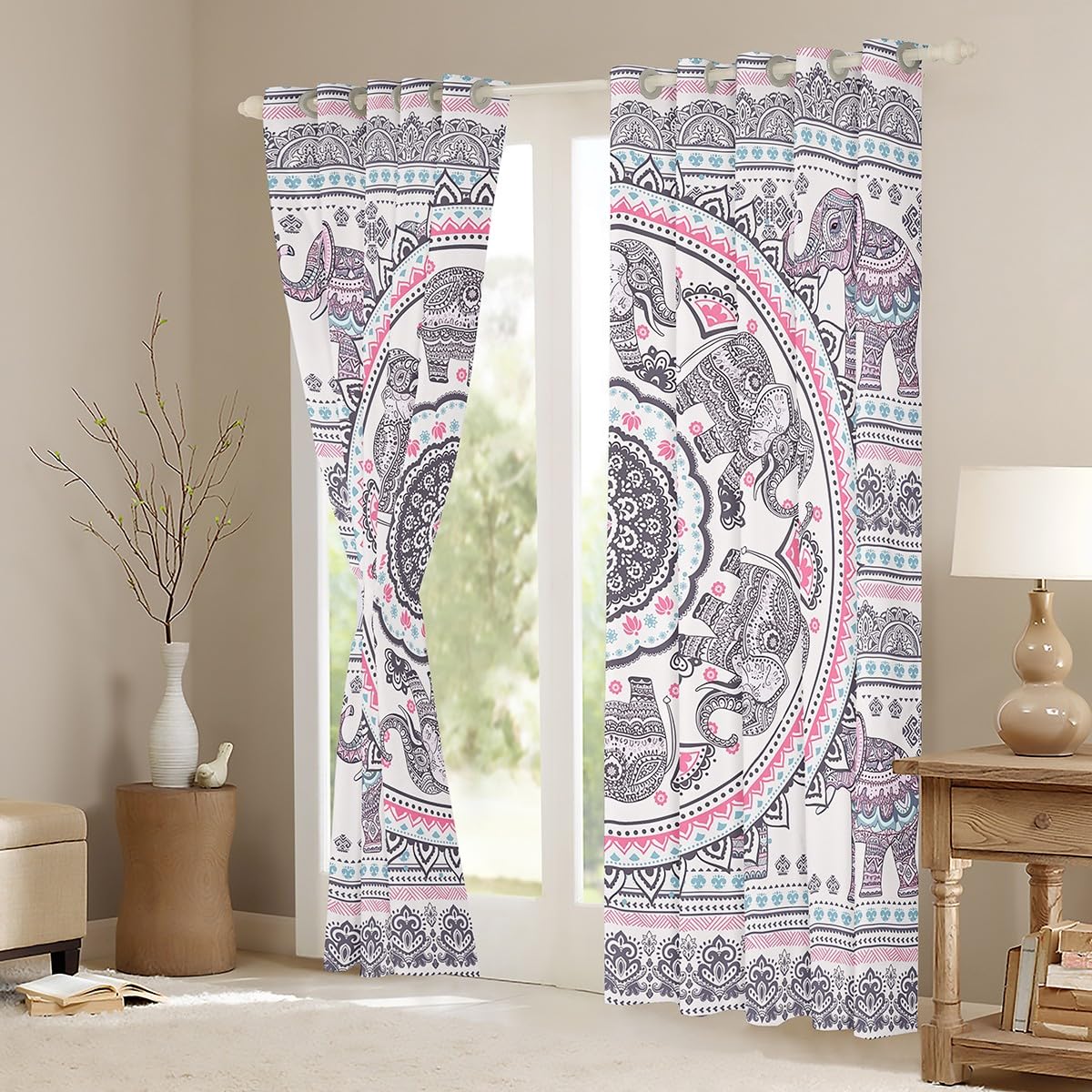 Bohemian Elephant Print Kids Curtains for Boys & Girls Room Decor - Mandala Elephant Window Drapes with Grommet Top (2 Panels, 52x90 Inches) - Perfect for Nursery, Bedroom & Playroom Decor