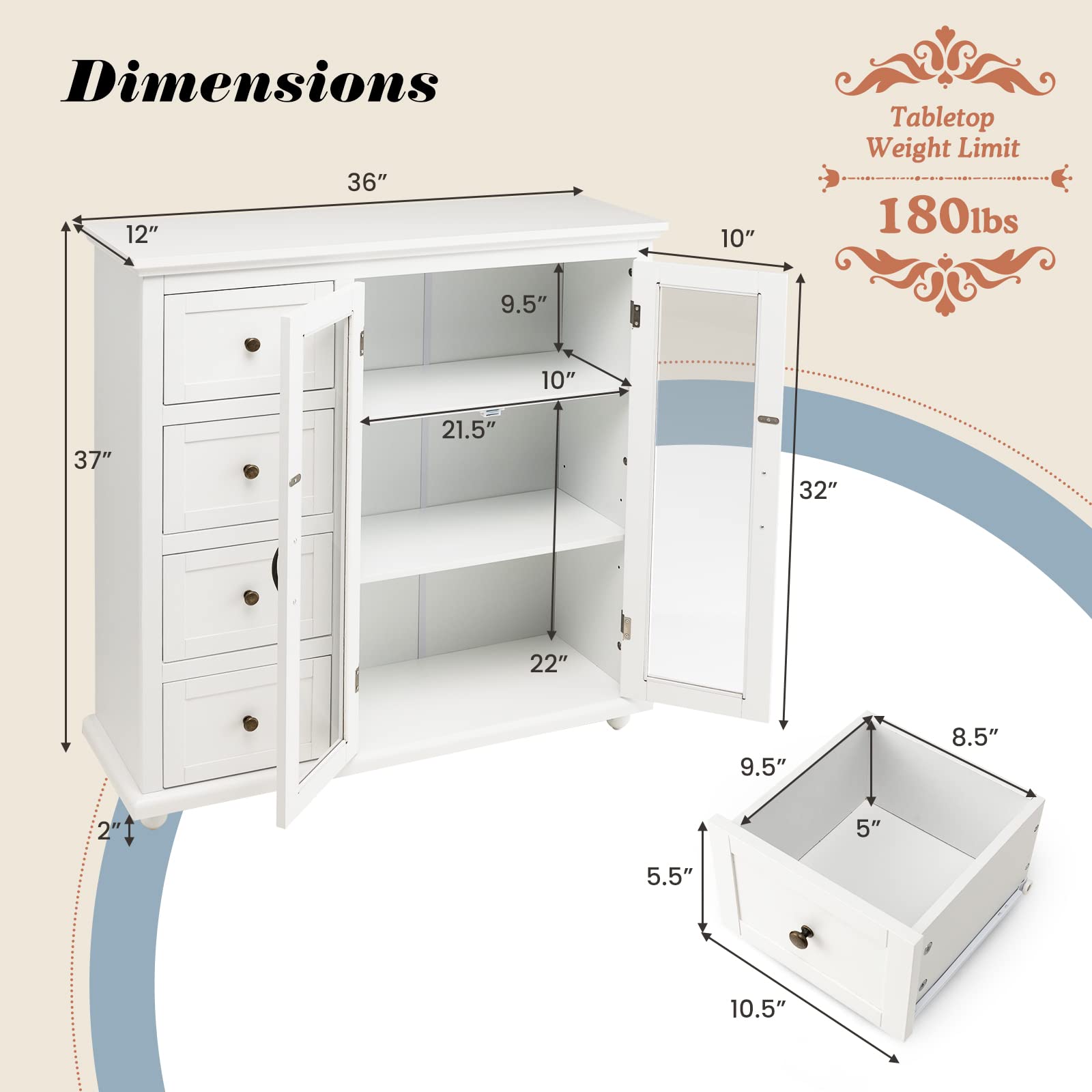 COSTWAY White Sideboard Cabinet with 4 Drawers & Glass Doors - Kitchen & Dining Room Storage