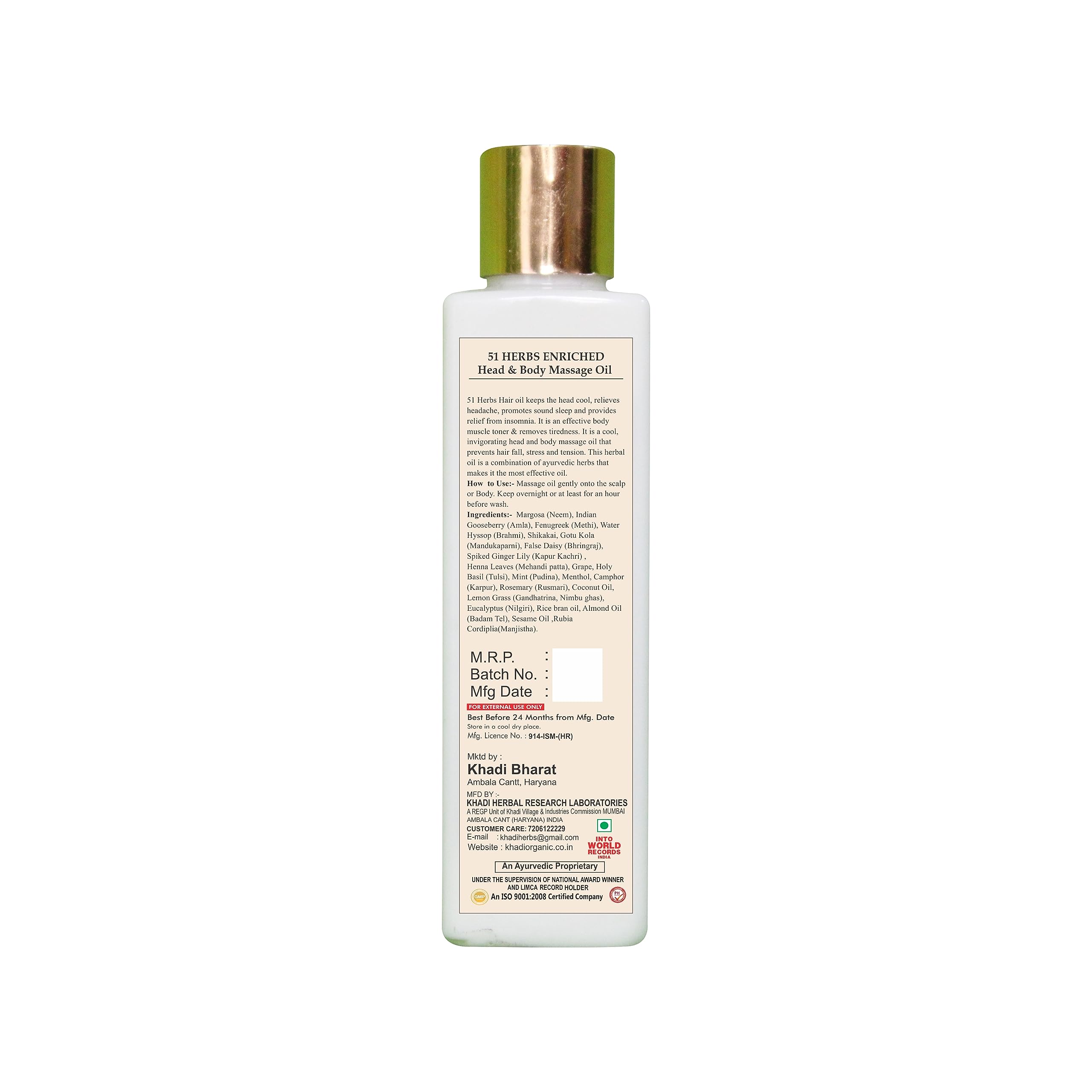 Khadi Organic 51 Herbs Body Oil 210ML - Natural Herbal Moisturizer for Skin & Hair Care | Ayurvedic Treatment for Dry Skin, Scalp Massage & Aromatherapy | Perfect for Daily Hydration & Relaxation